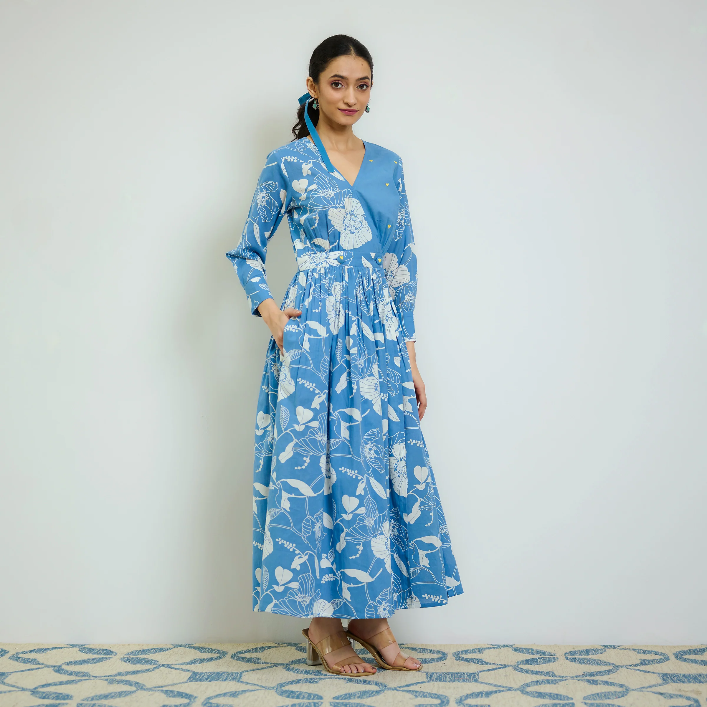 Sky Blue Ayesha Cotton Overlap Dress with Hand Embroidery Detail - Image 5