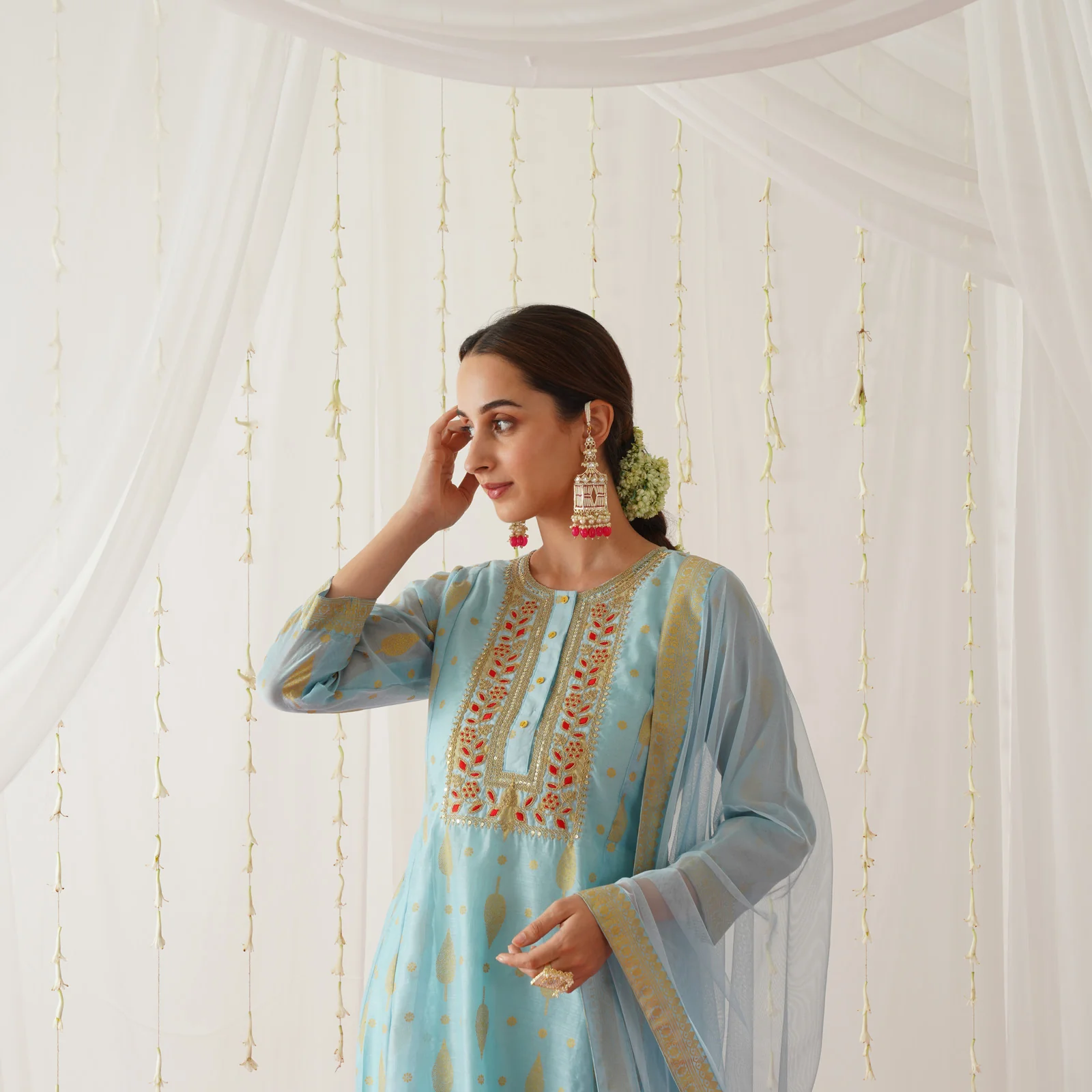 Sky Blue Chanderi Gold Printed Kurta Set with Dupatta - Image 2
