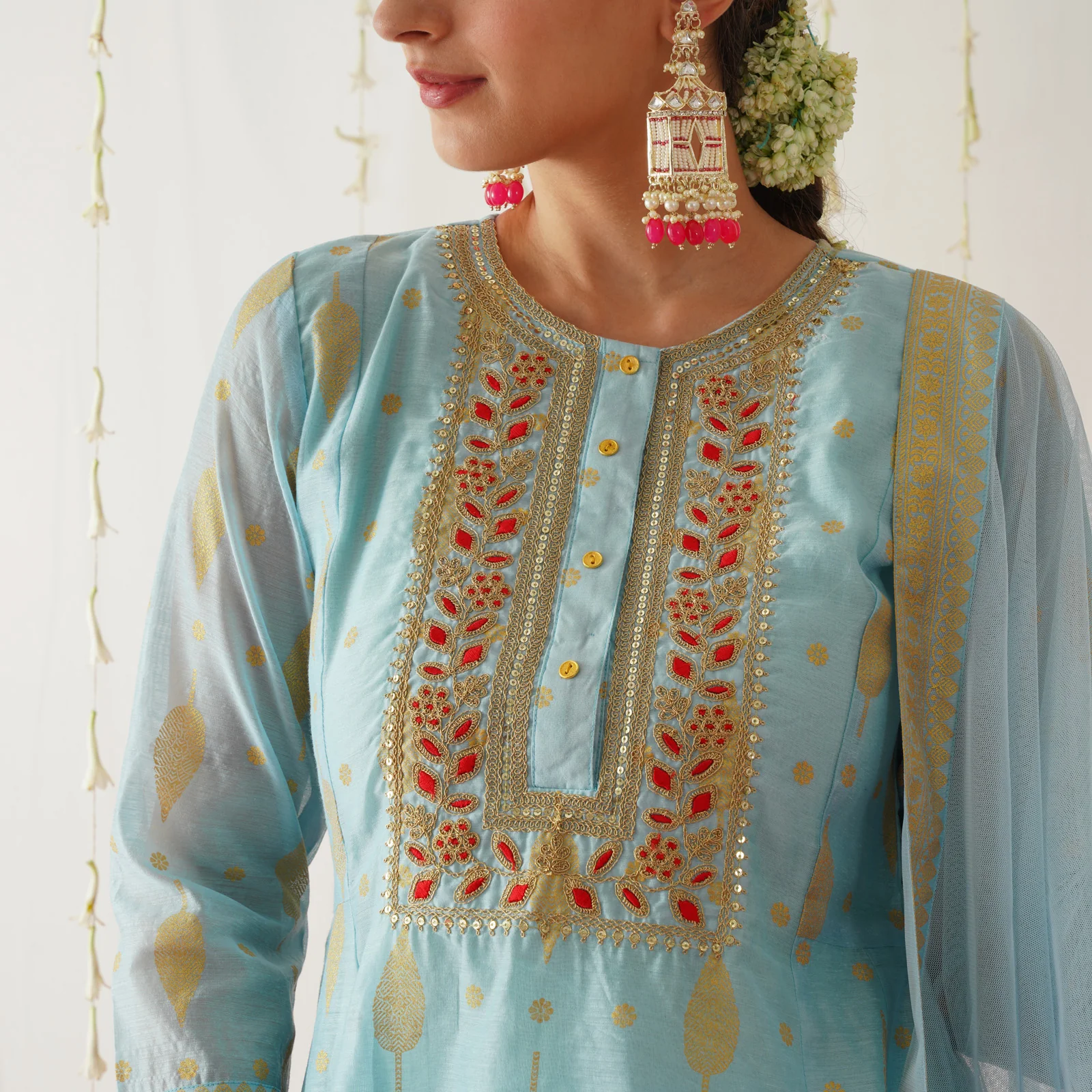 Sky Blue Chanderi Gold Printed Kurta Set with Dupatta - Image 3