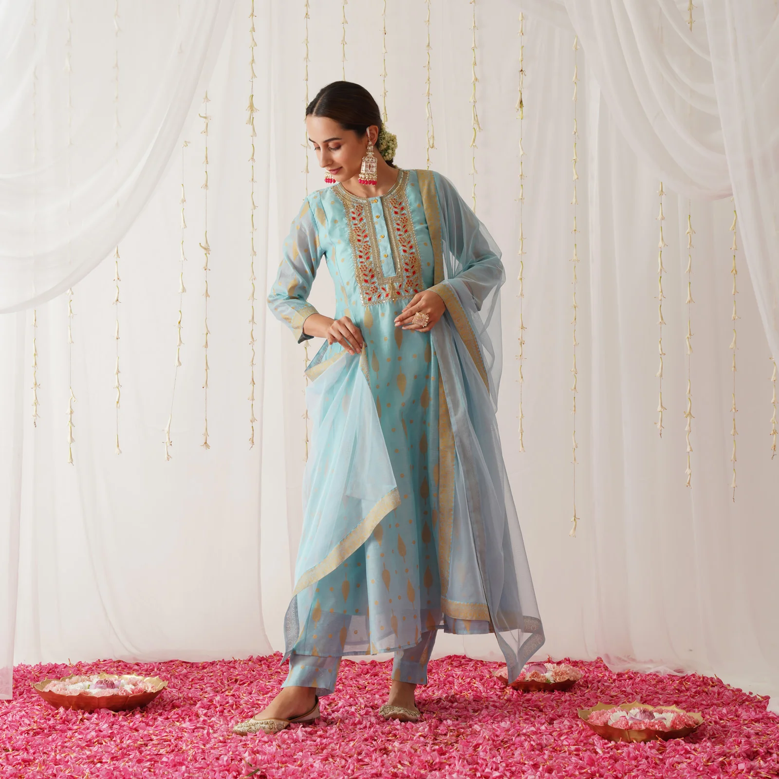 Sky Blue Chanderi Gold Printed Kurta Set with Dupatta - Image 4
