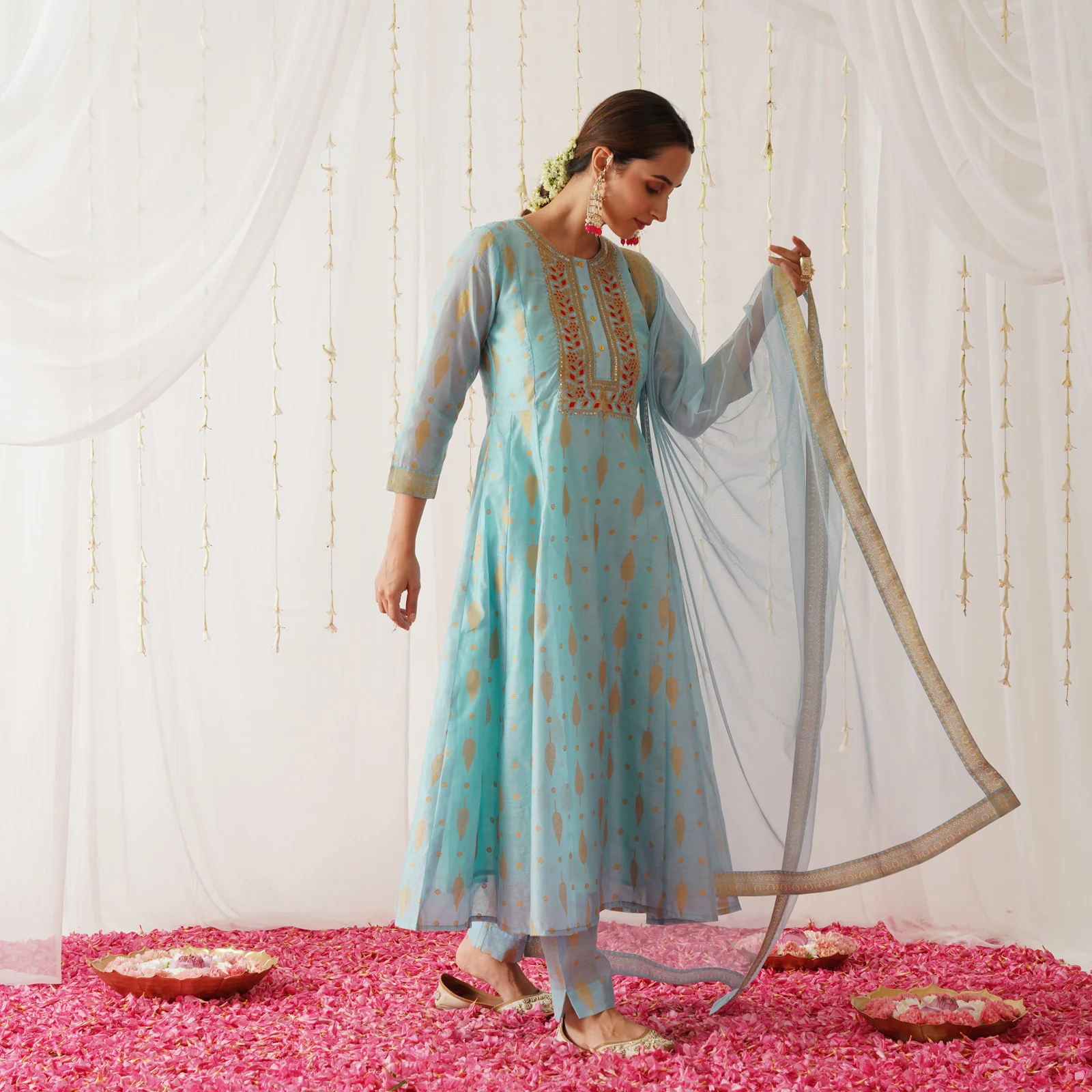 Sky Blue Chanderi Gold Printed Kurta Set with Dupatta - Image 7