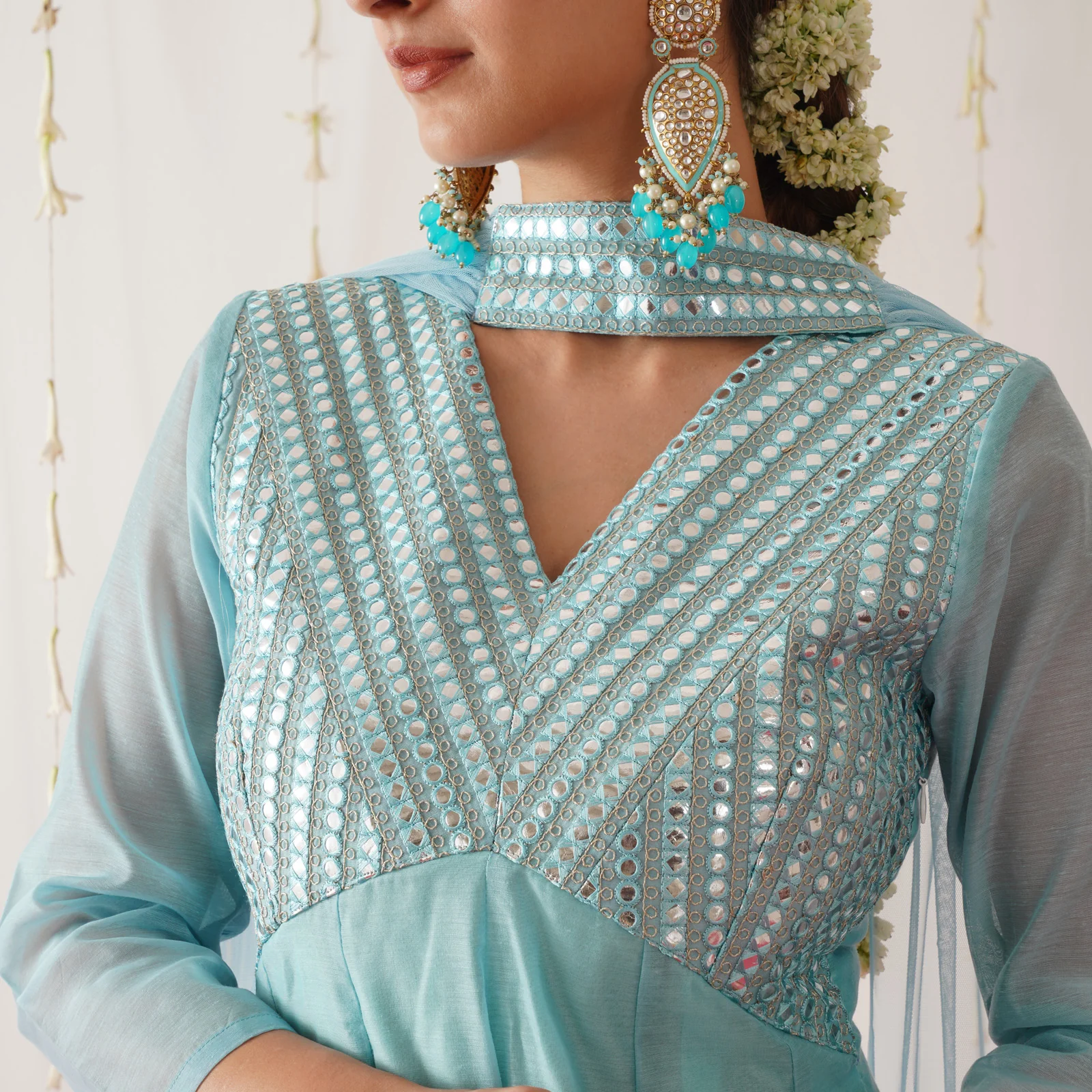 Sky Blue Chanderi Kurta Set for Women - Image 3