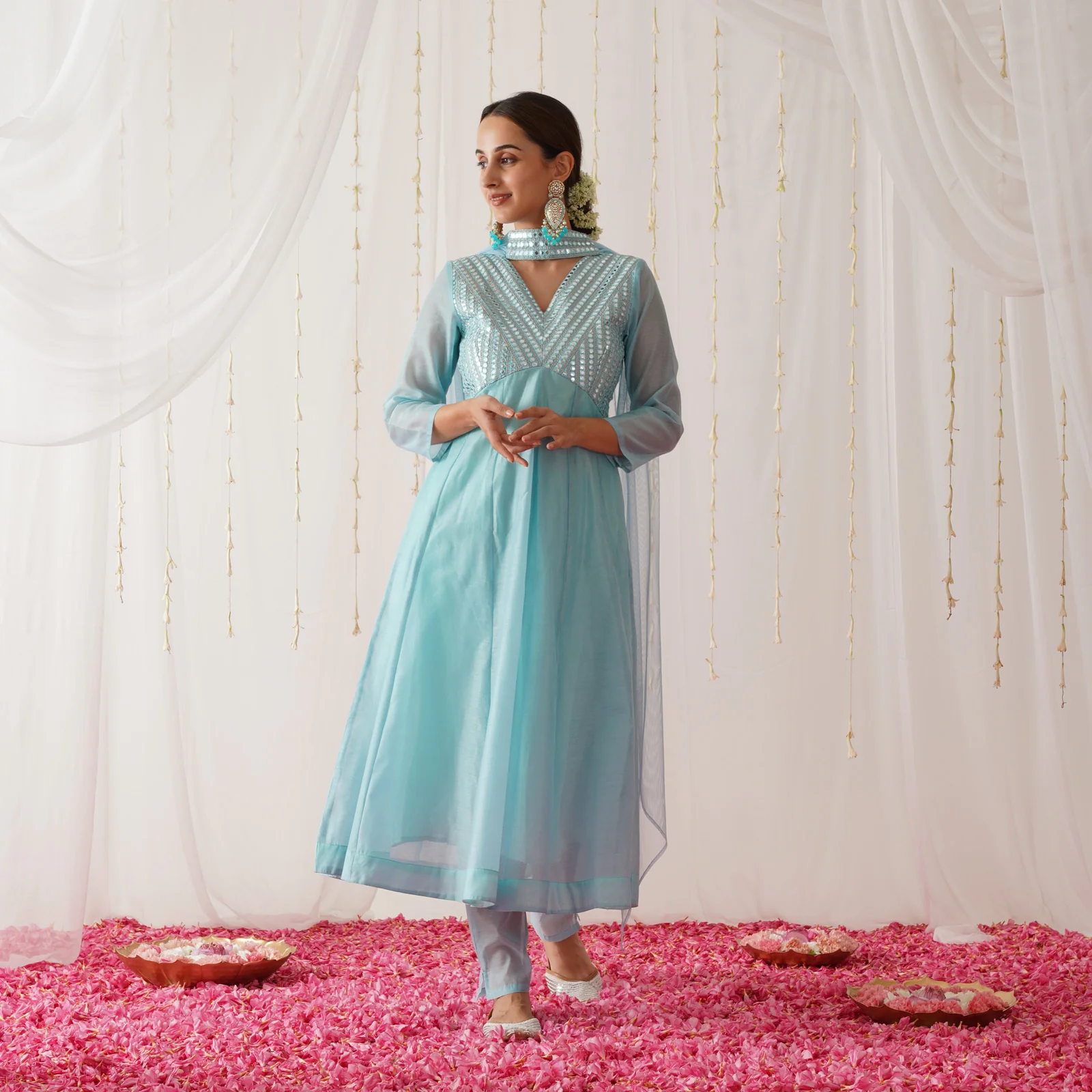 Sky Blue Chanderi Kurta Set for Women - Image 4