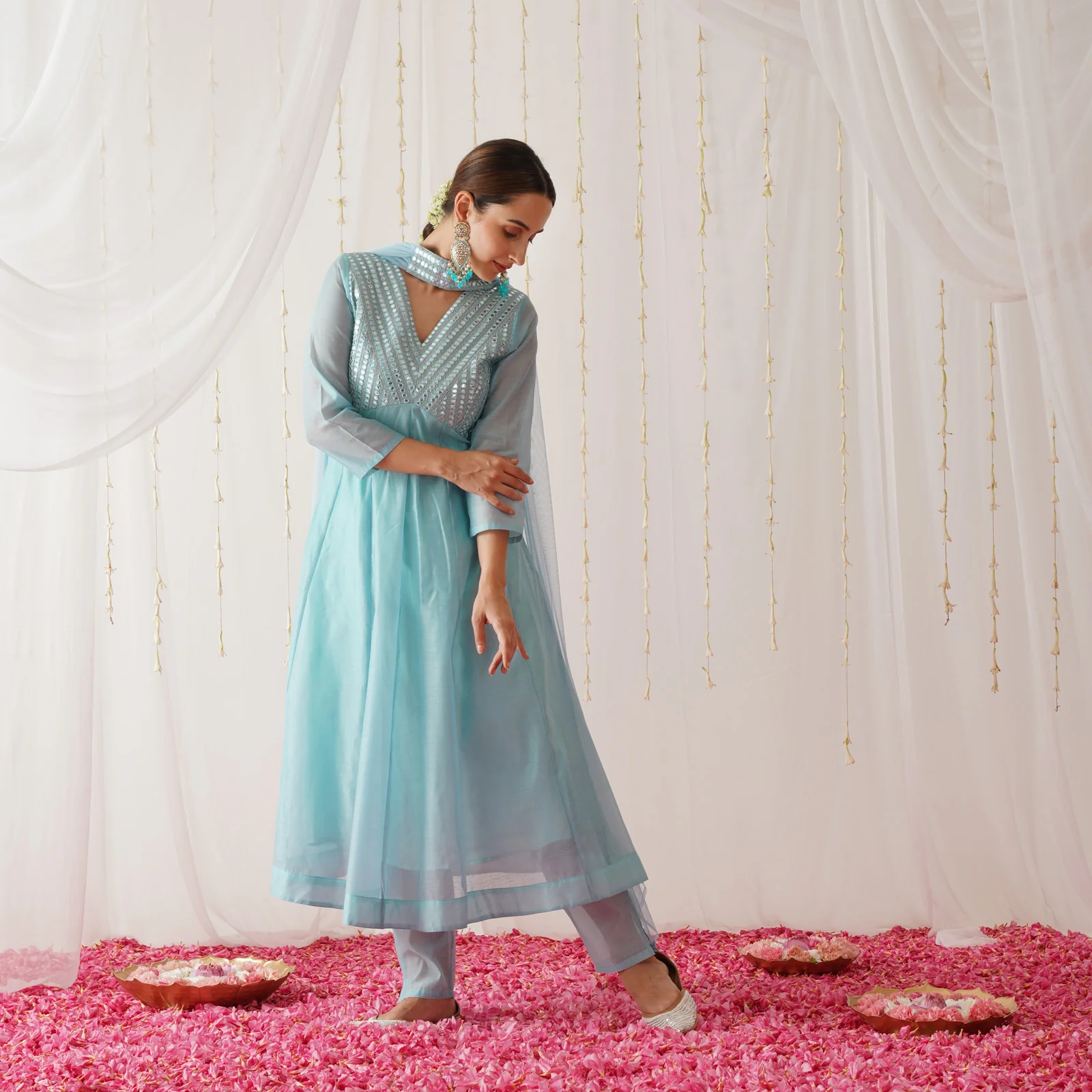 Sky Blue Chanderi Kurta Set for Women - Image 5