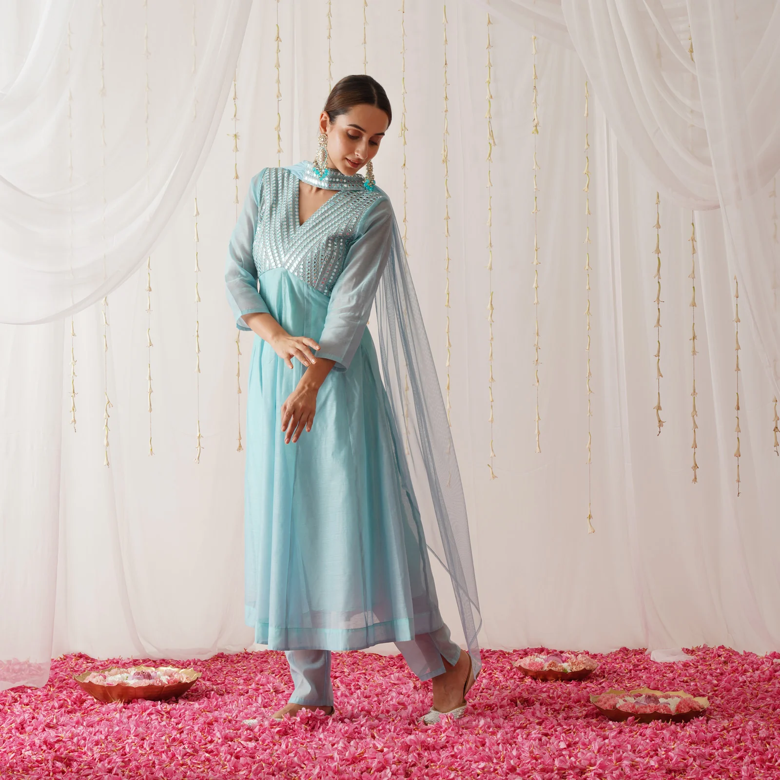 Sky Blue Chanderi Kurta Set for Women - Image 6