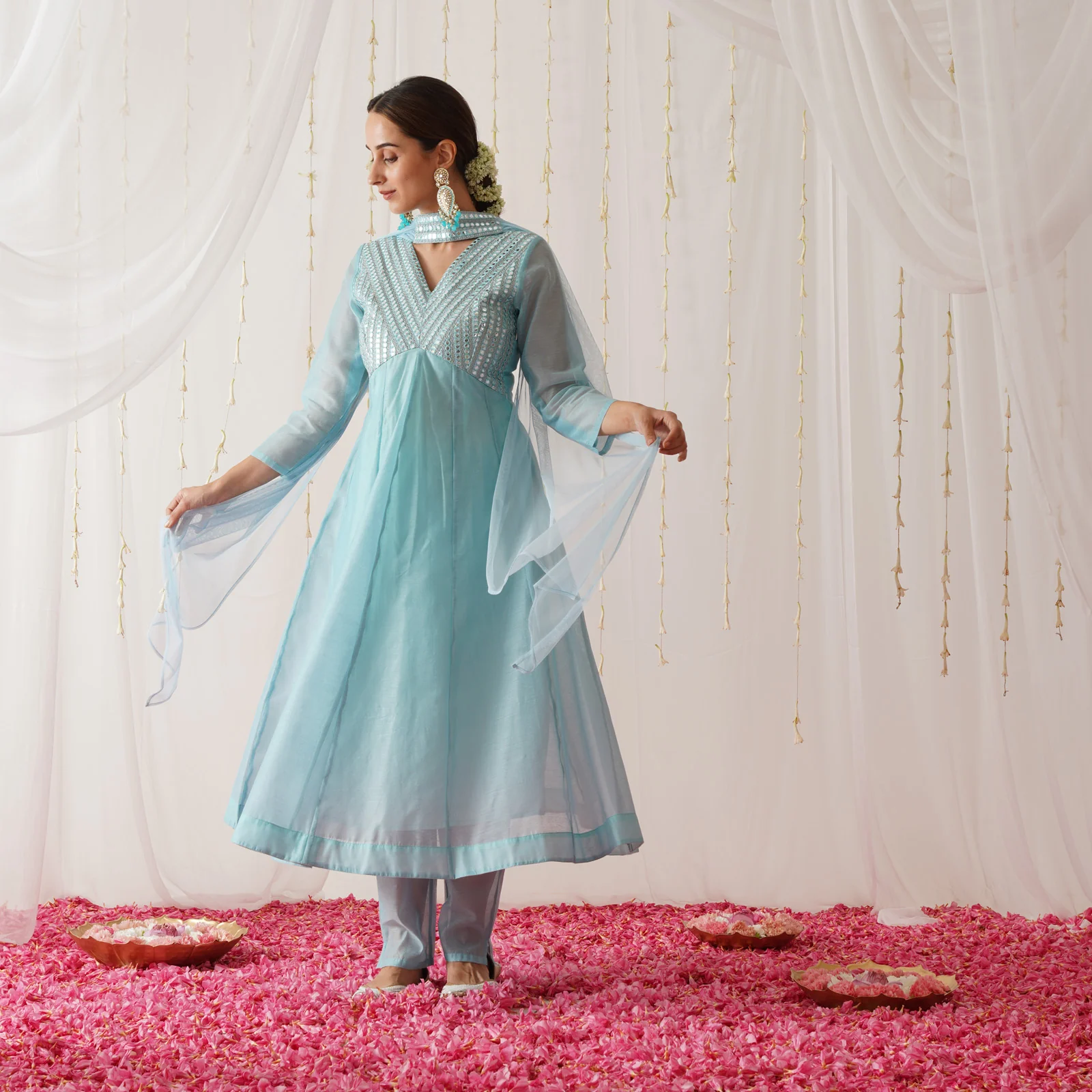 Sky Blue Chanderi Kurta Set for Women - Image 7