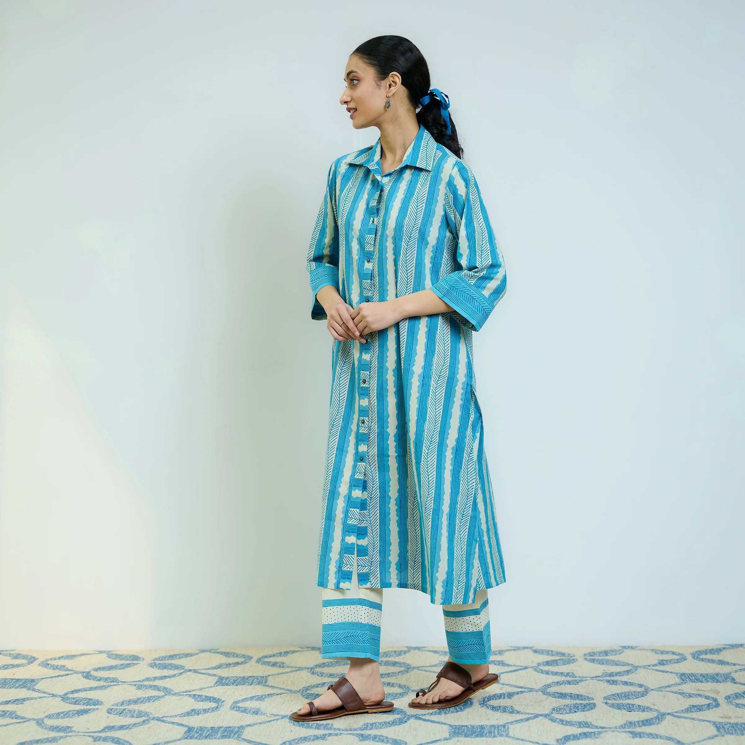 Sky Blue Cotton Shirt Kurta with Pant - Image 5