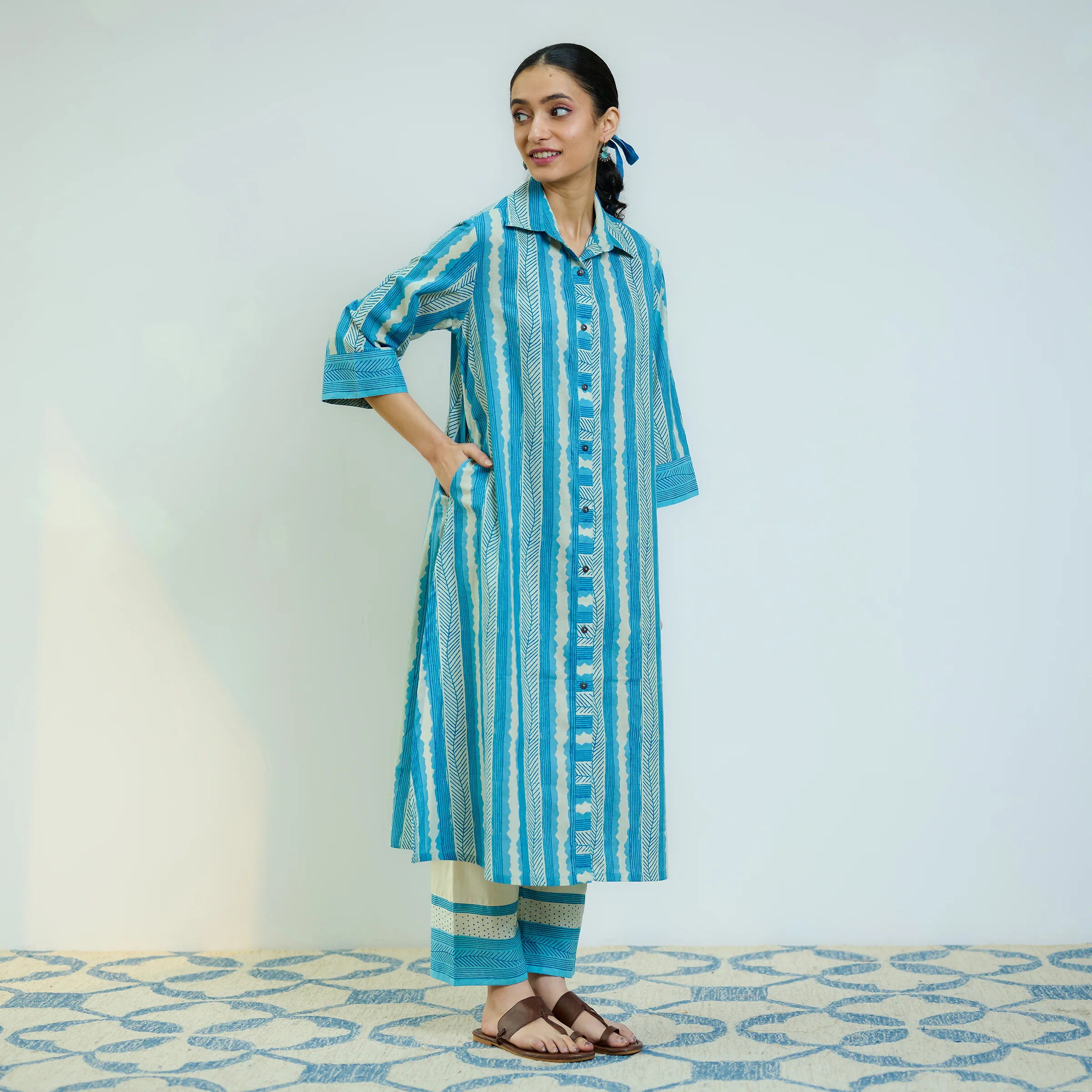 Sky Blue Cotton Shirt Kurta with Pant - Image 6