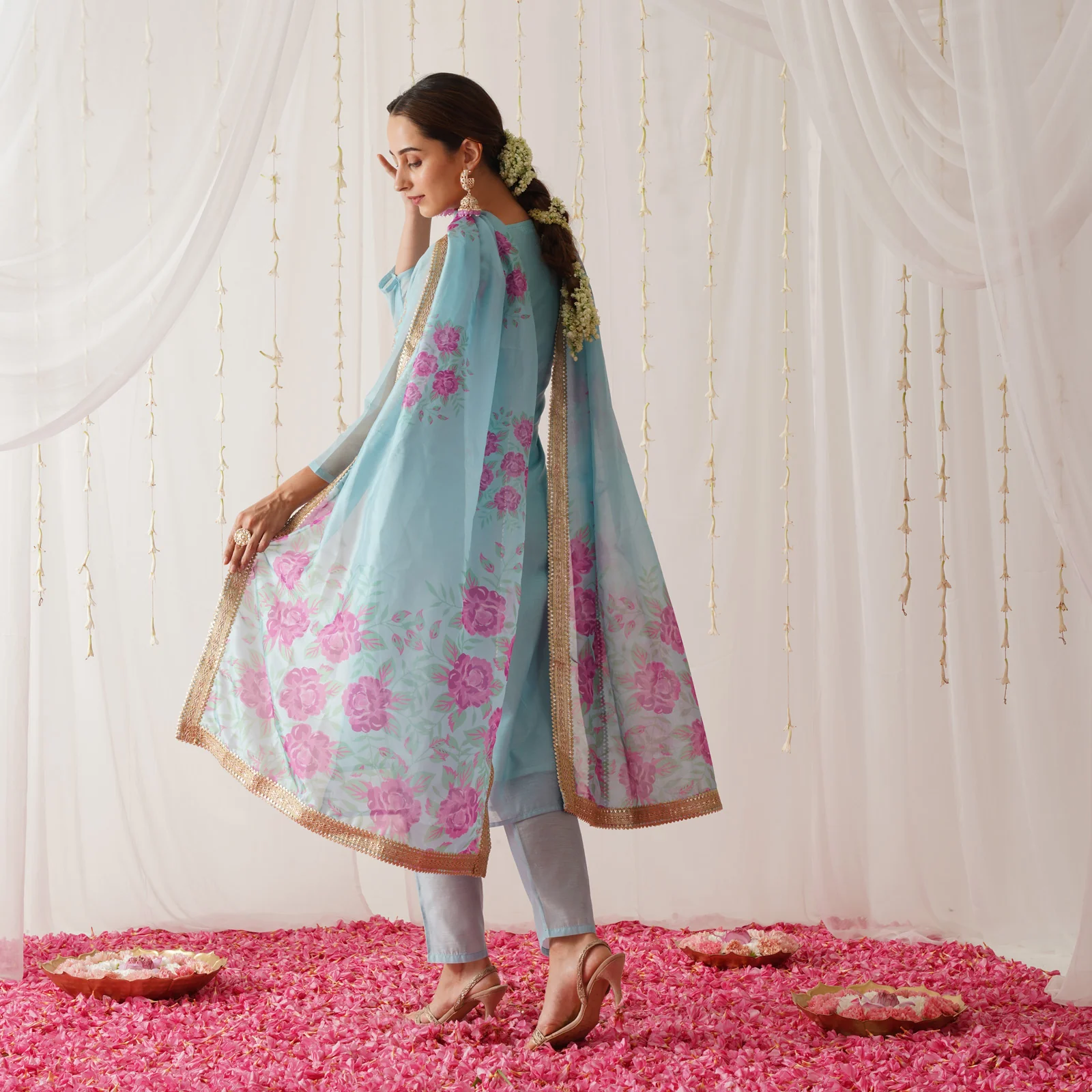 Sky Blue Embroidered Chanderi Kurta Set with Dupatta - Image 10