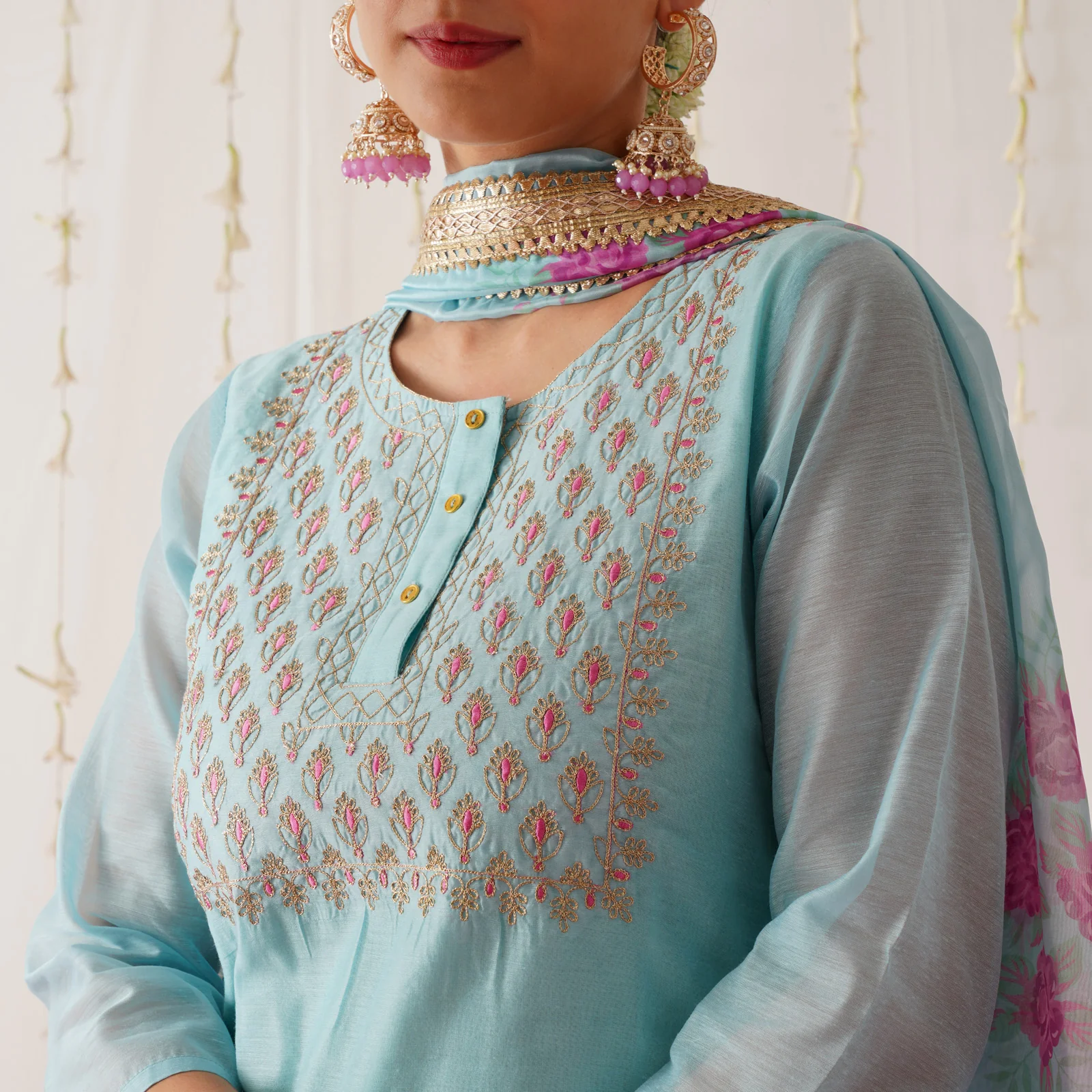 Sky Blue Embroidered Chanderi Kurta Set with Dupatta - Image 3