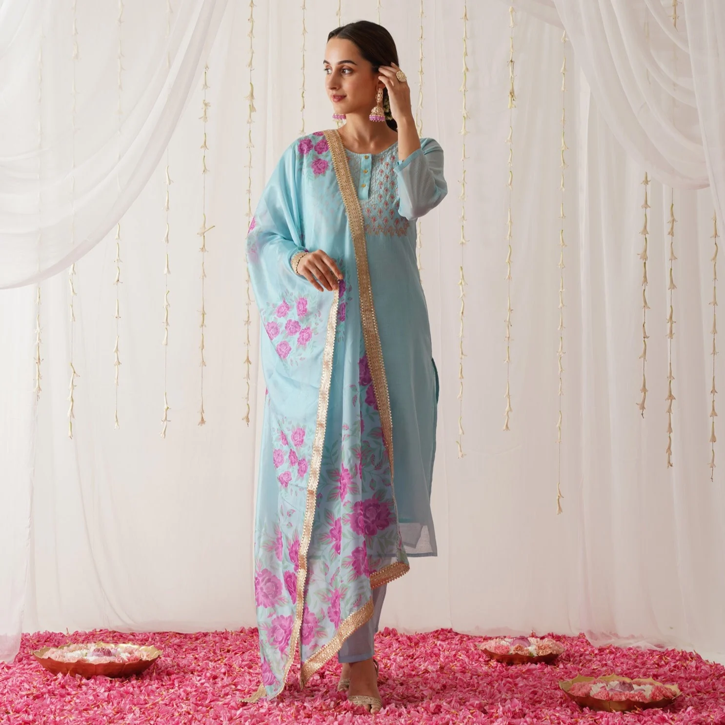 Sky Blue Embroidered Chanderi Kurta Set with Dupatta - Image 4