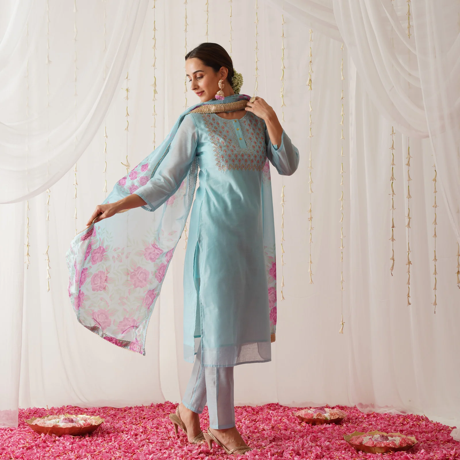 Sky Blue Embroidered Chanderi Kurta Set with Dupatta - Image 5