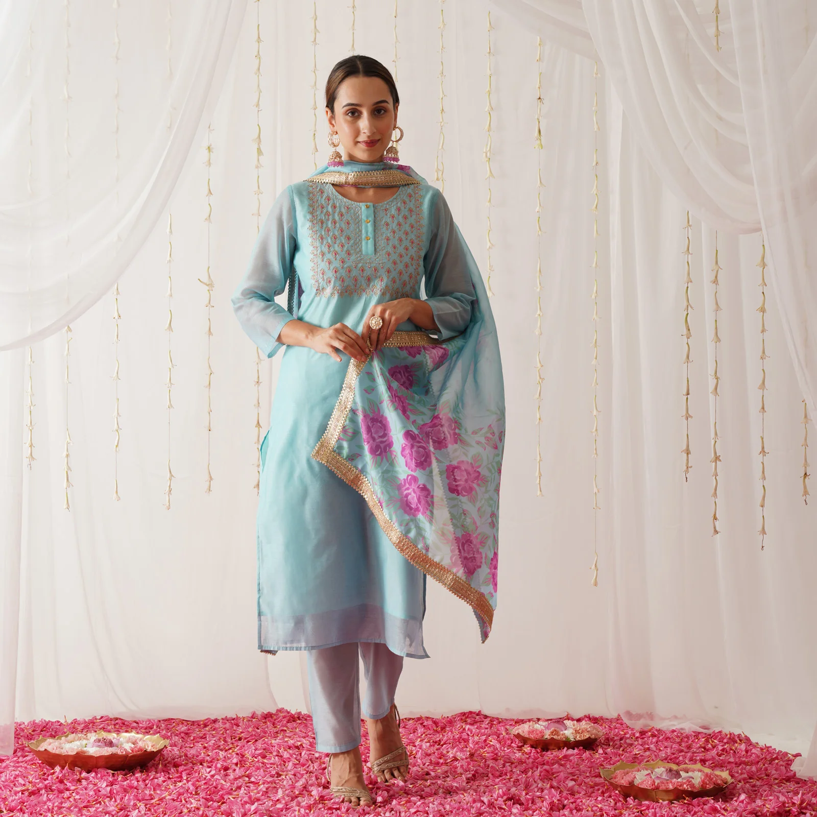 Sky Blue Embroidered Chanderi Kurta Set with Dupatta - Image 6