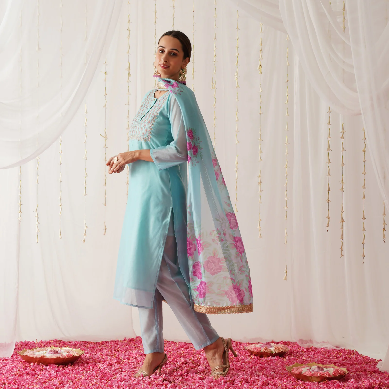 Sky Blue Embroidered Chanderi Kurta Set with Dupatta - Image 7