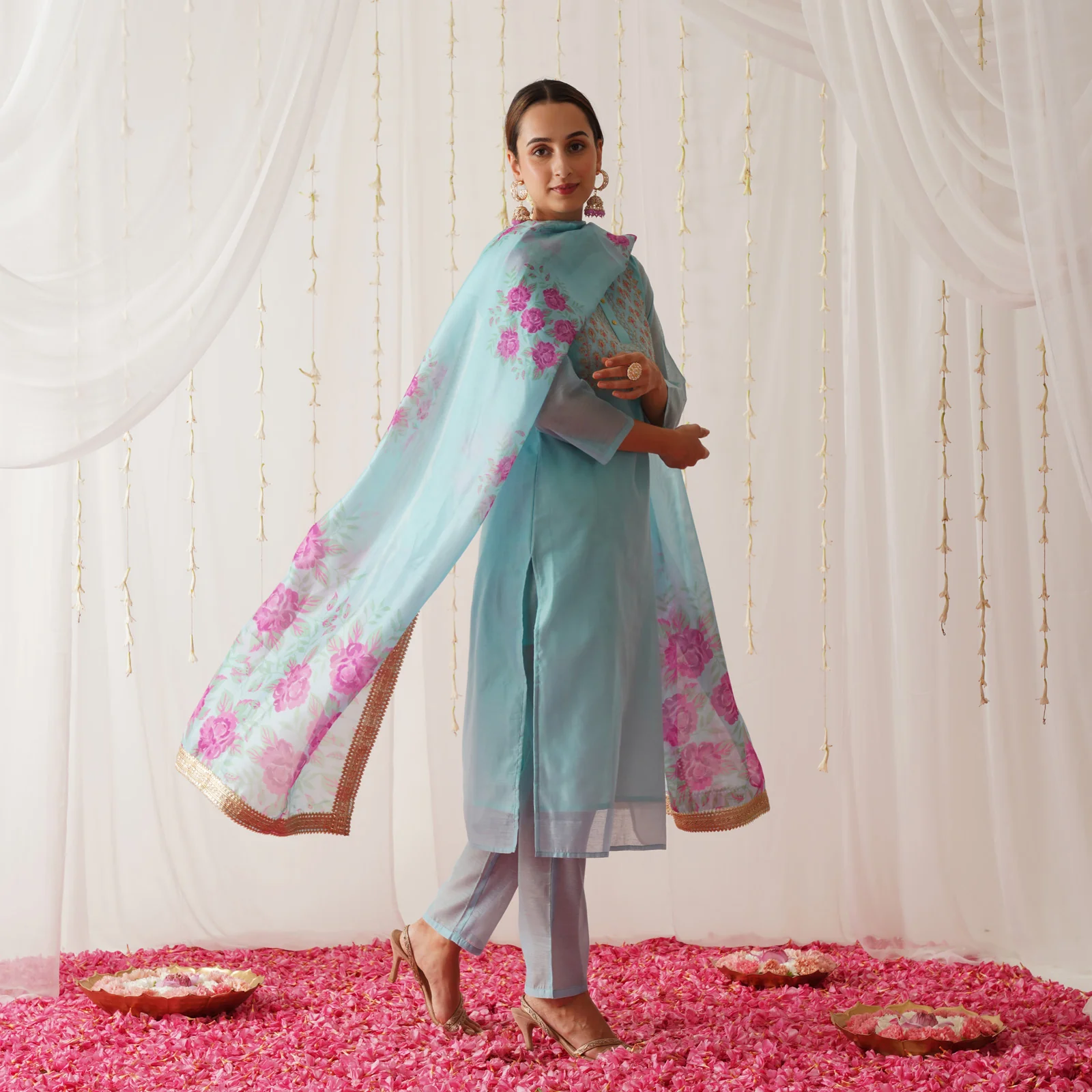Sky Blue Embroidered Chanderi Kurta Set with Dupatta - Image 8