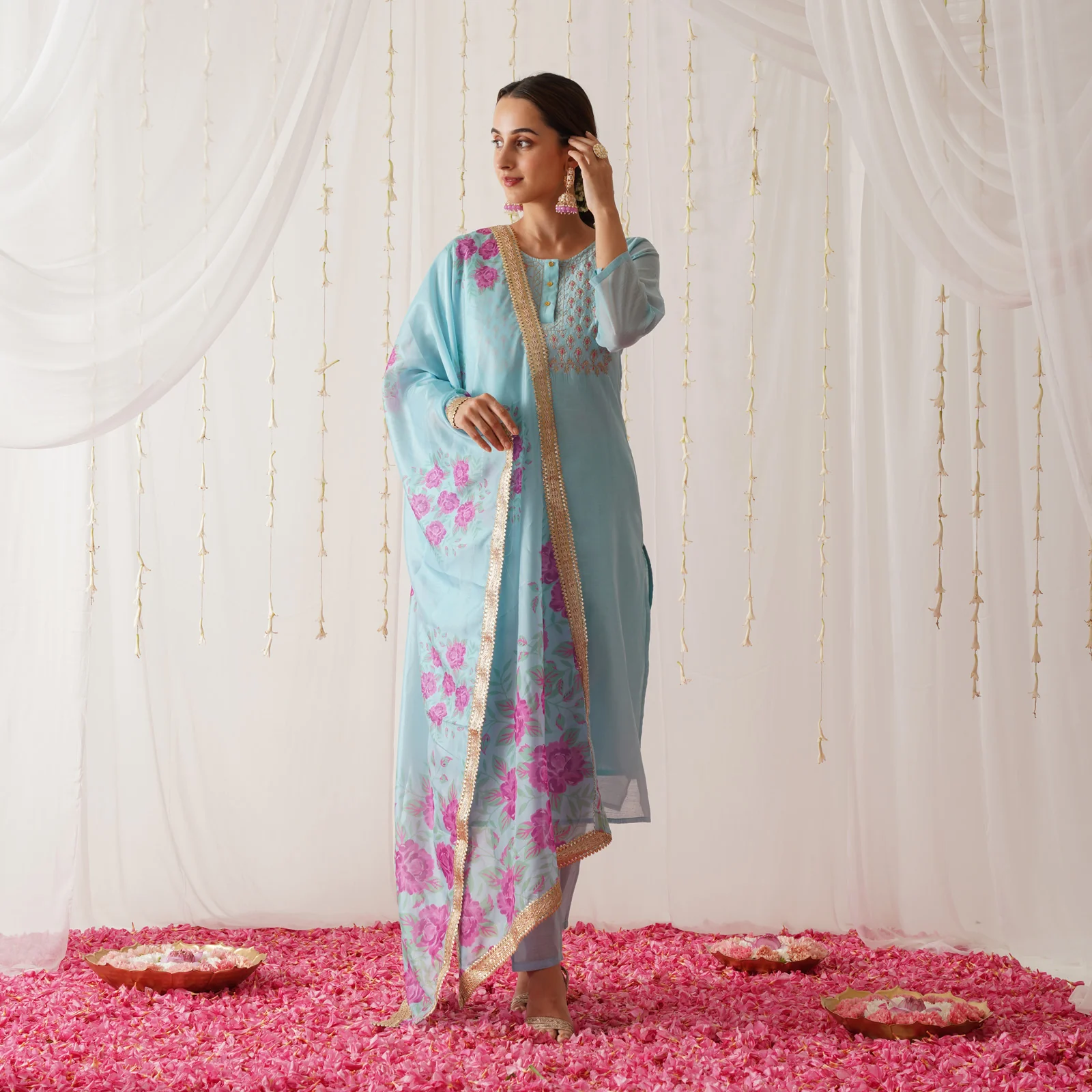 Sky Blue Embroidered Chanderi Kurta Set with Dupatta - Image 9