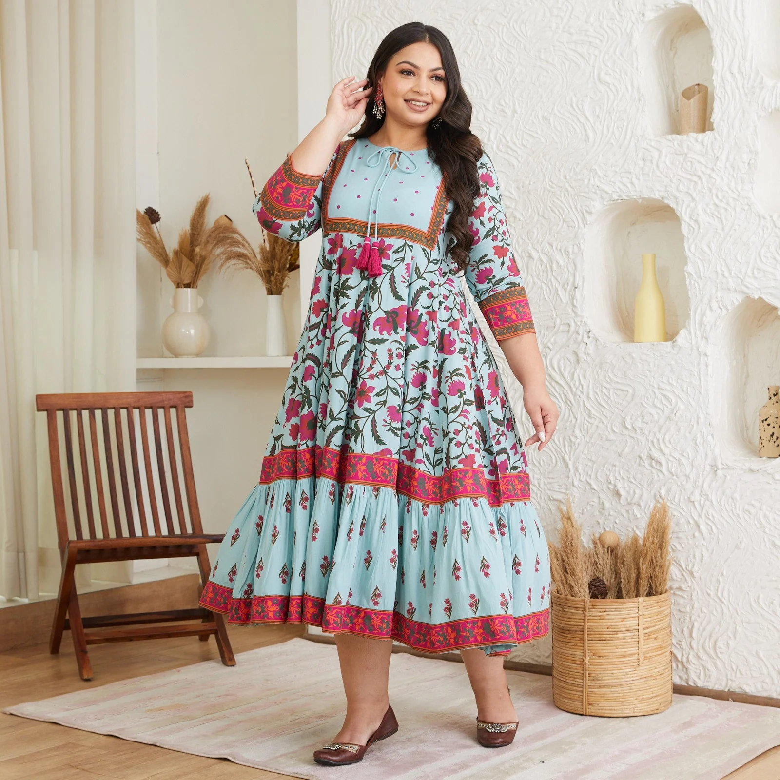 Sky Blue Floral Dress With Hem Details - SOM - Image 3