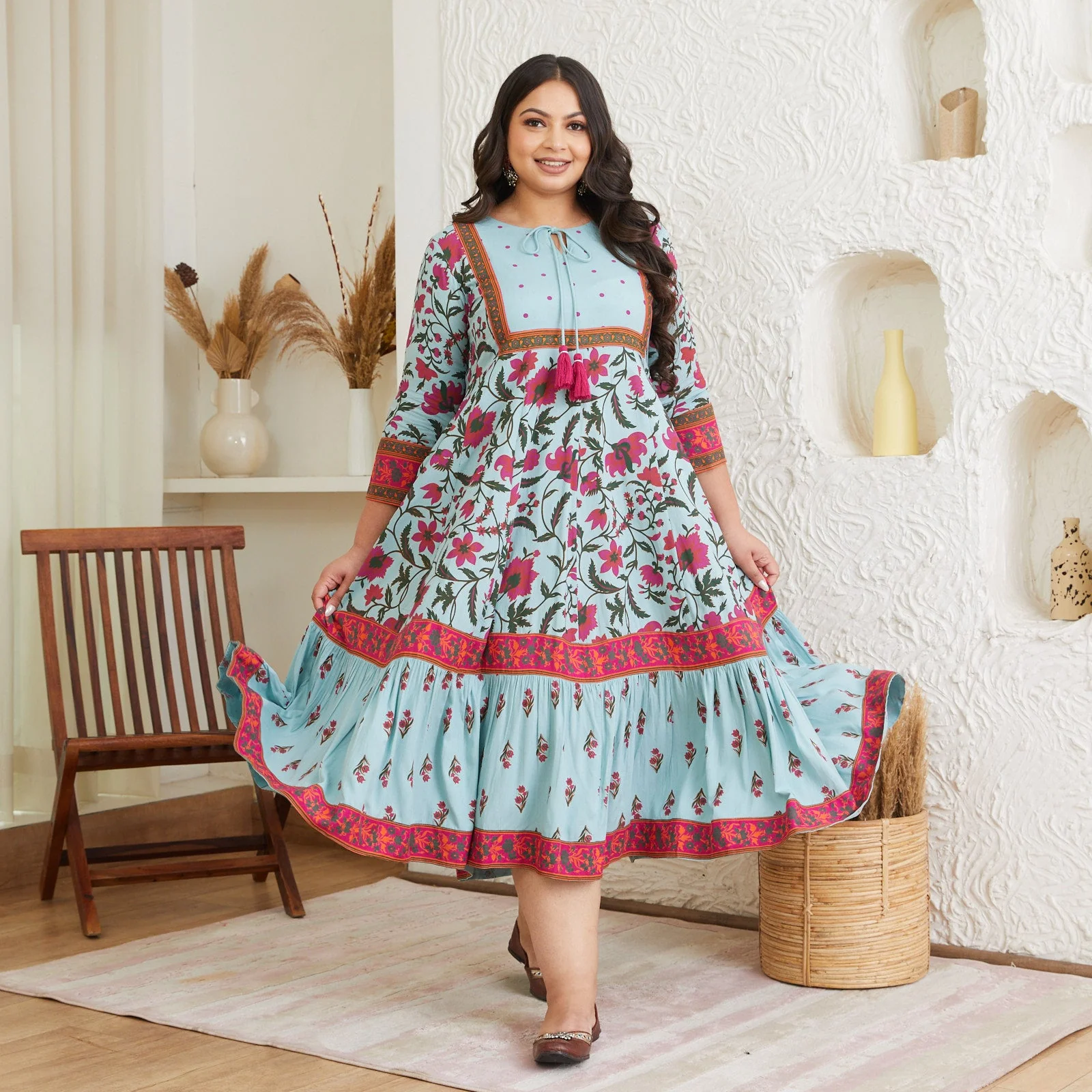 Sky Blue Floral Dress With Hem Details - SOM - Image 4