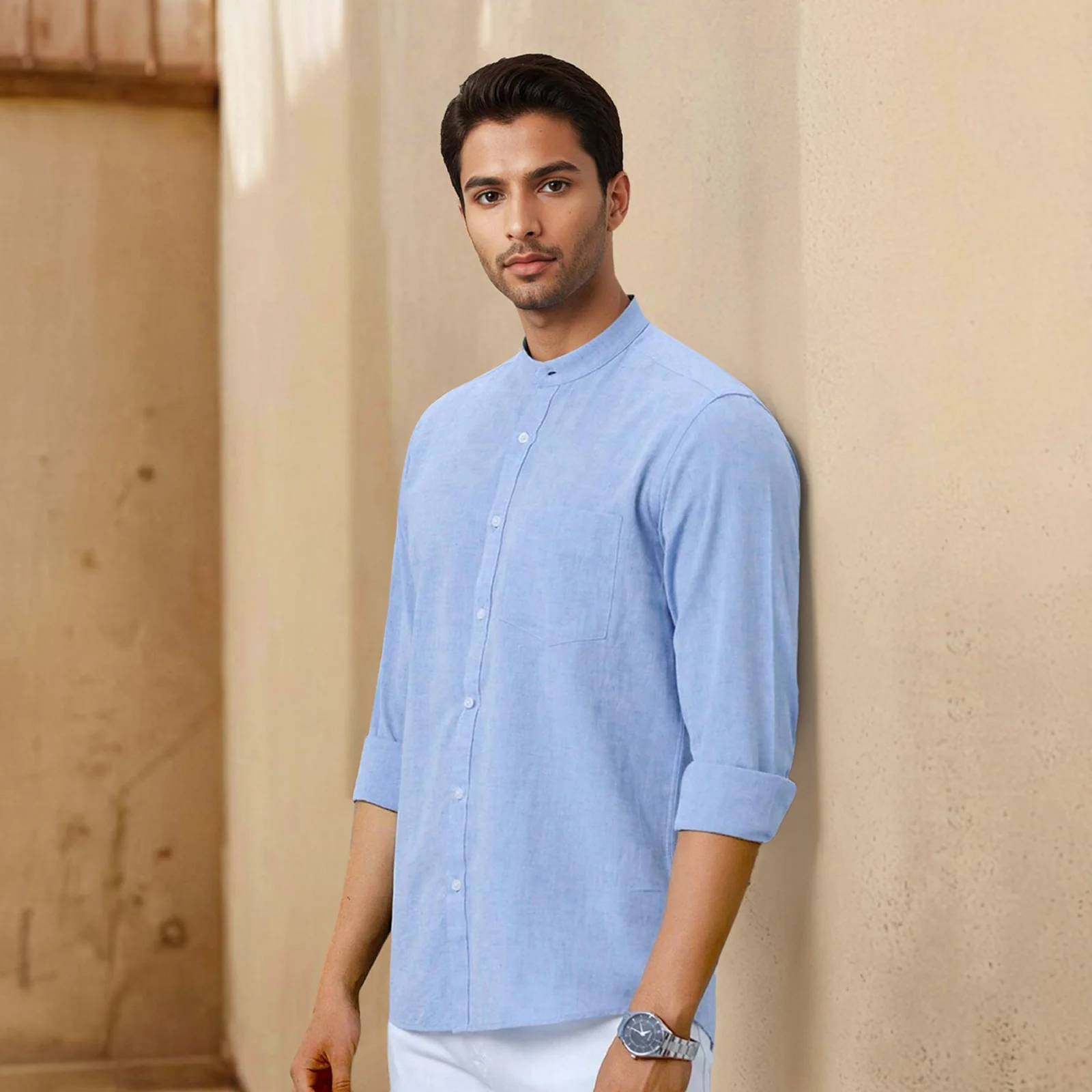 Sky Blue Mandarin Collar Solid Linen Cotton Shirt for Men - Image 2