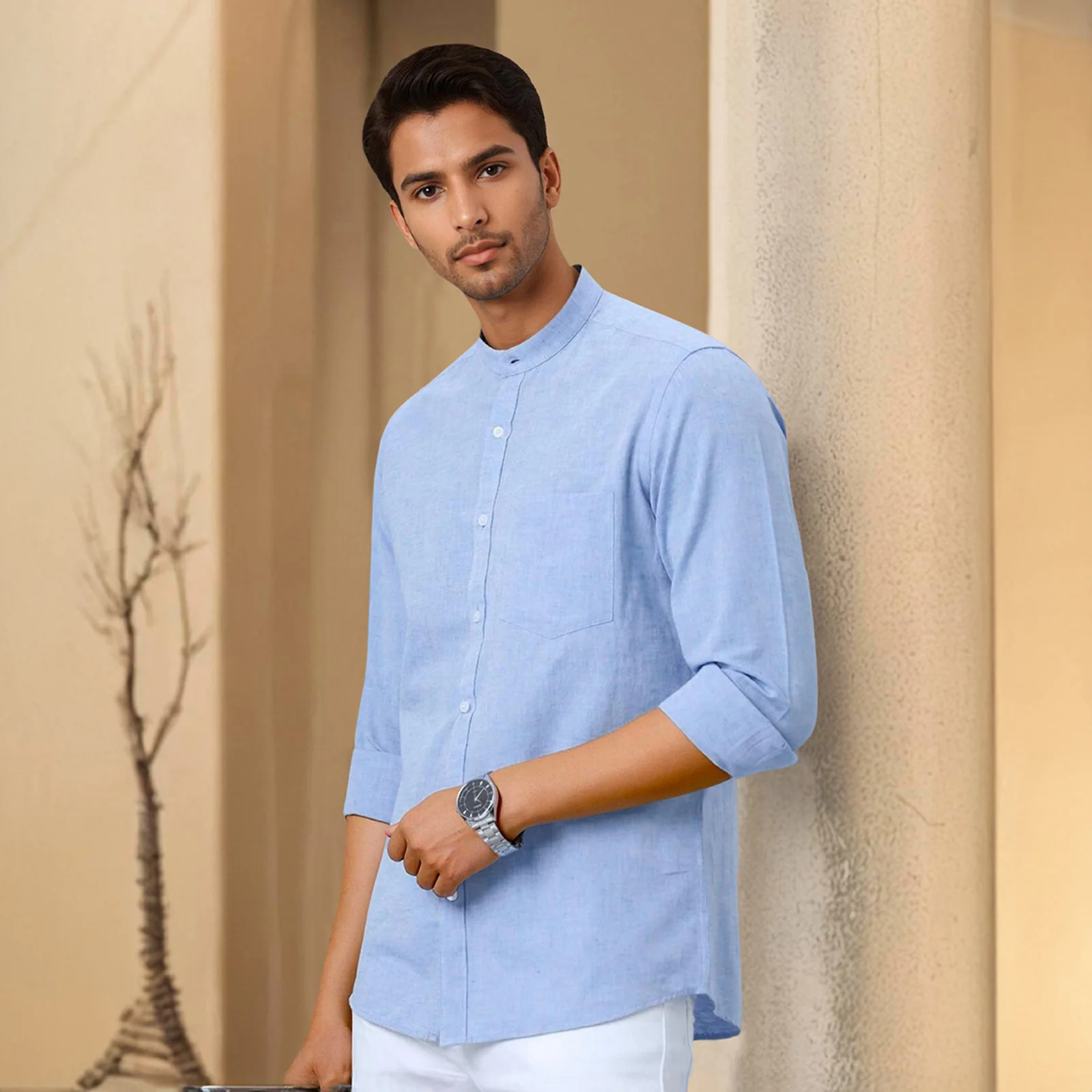 Sky Blue Mandarin Collar Solid Linen Cotton Shirt for Men - Image 3