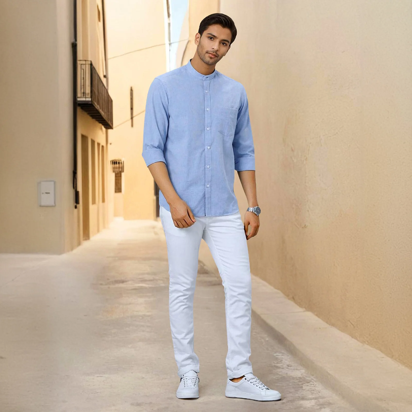 Sky Blue Mandarin Collar Solid Linen Cotton Shirt for Men - Image 4