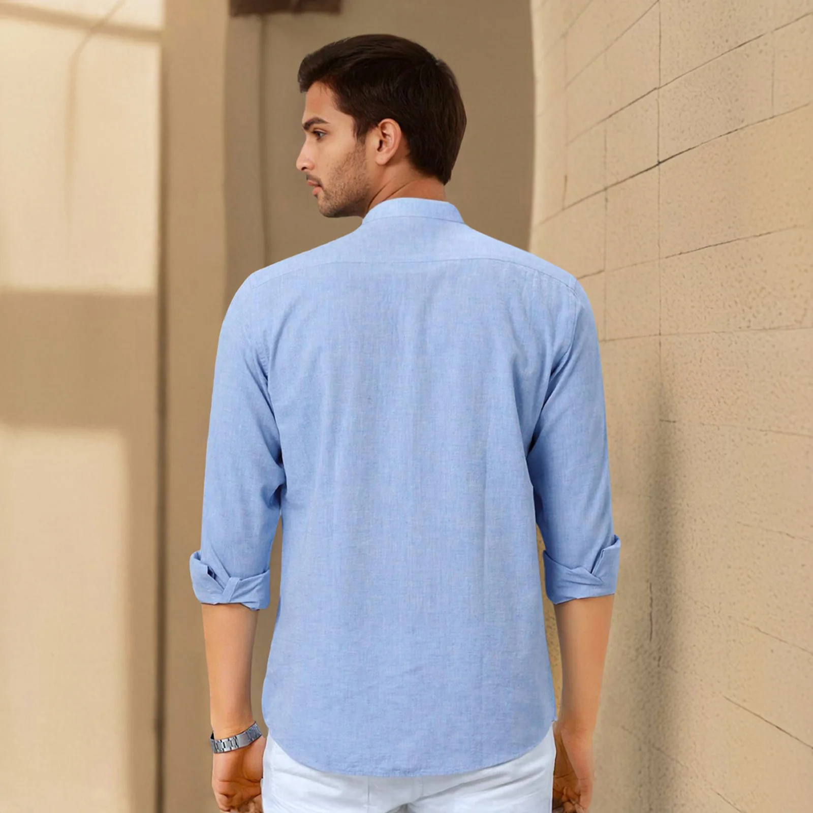 Sky Blue Mandarin Collar Solid Linen Cotton Shirt for Men - Image 5