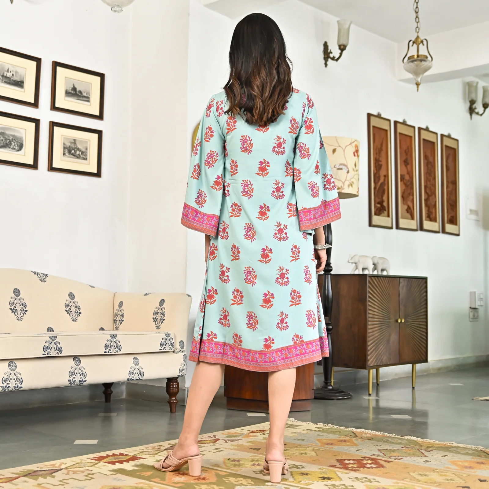 Sky Blue Printed Mandarin Collar Dress - Image 7