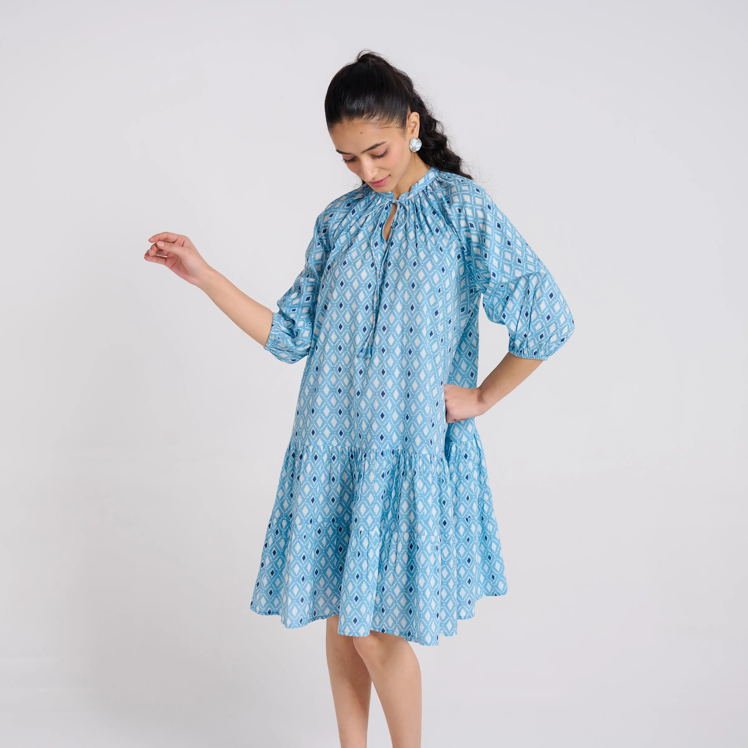Sky Blue Pure Cotton Tier Dress with Neckline Detail - Image 3