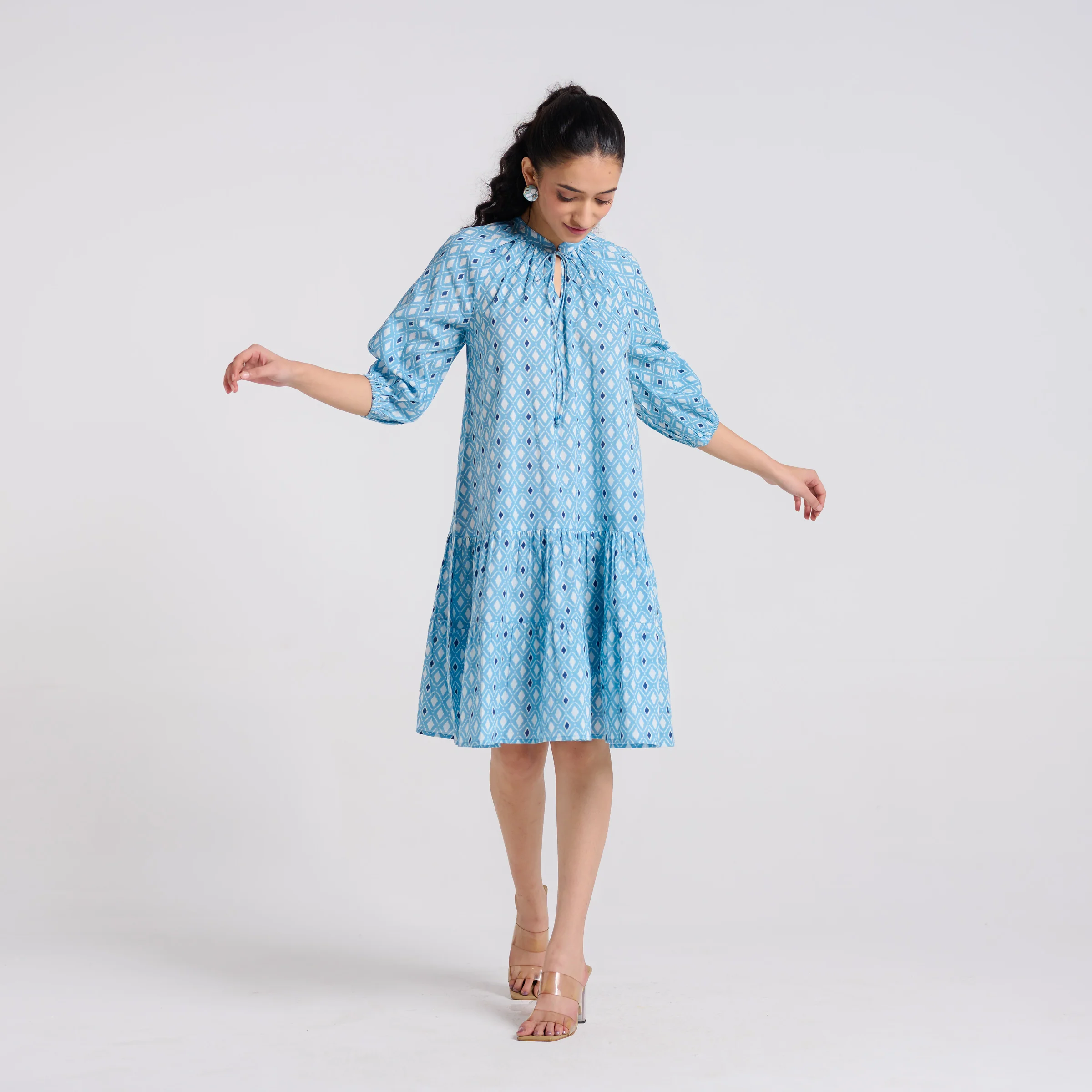 Sky Blue Pure Cotton Tier Dress with Neckline Detail - Image 4