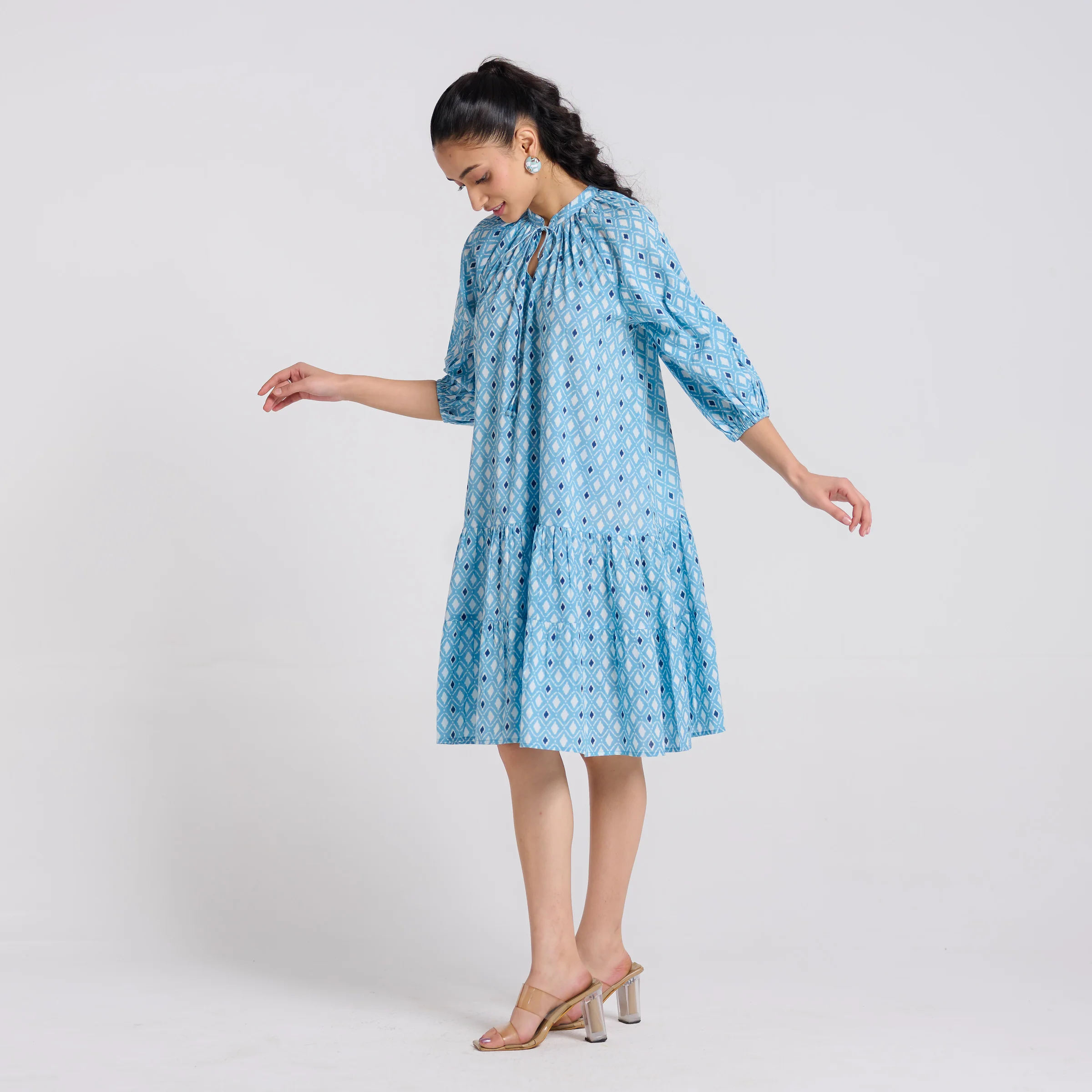 Sky Blue Pure Cotton Tier Dress with Neckline Detail - Image 5
