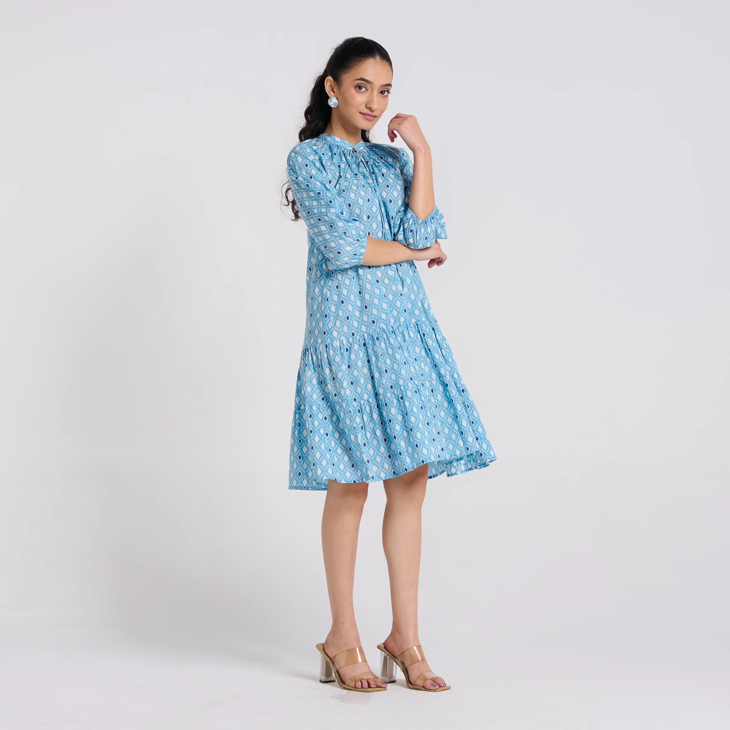 Sky Blue Pure Cotton Tier Dress with Neckline Detail - Image 6