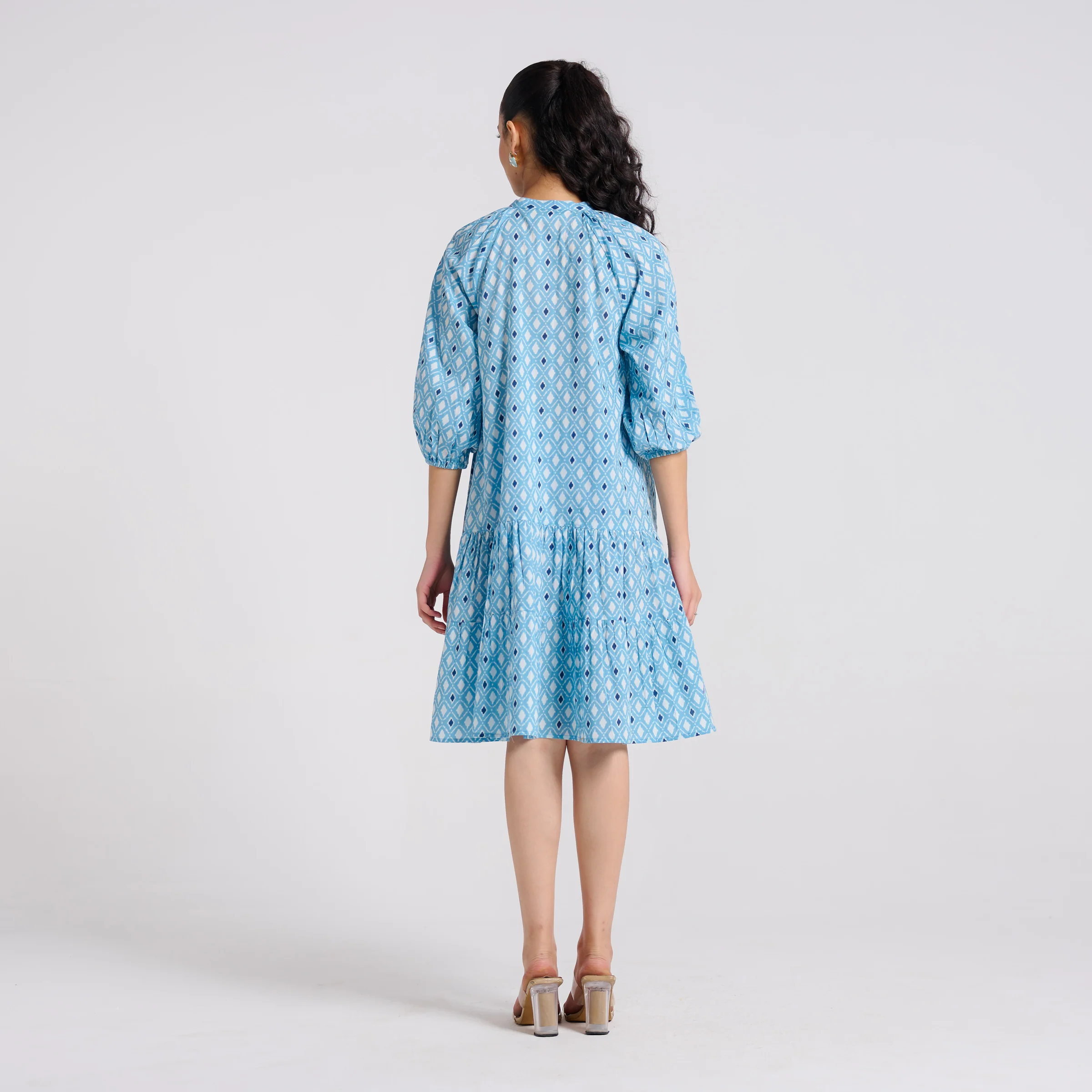 Sky Blue Pure Cotton Tier Dress with Neckline Detail - Image 7