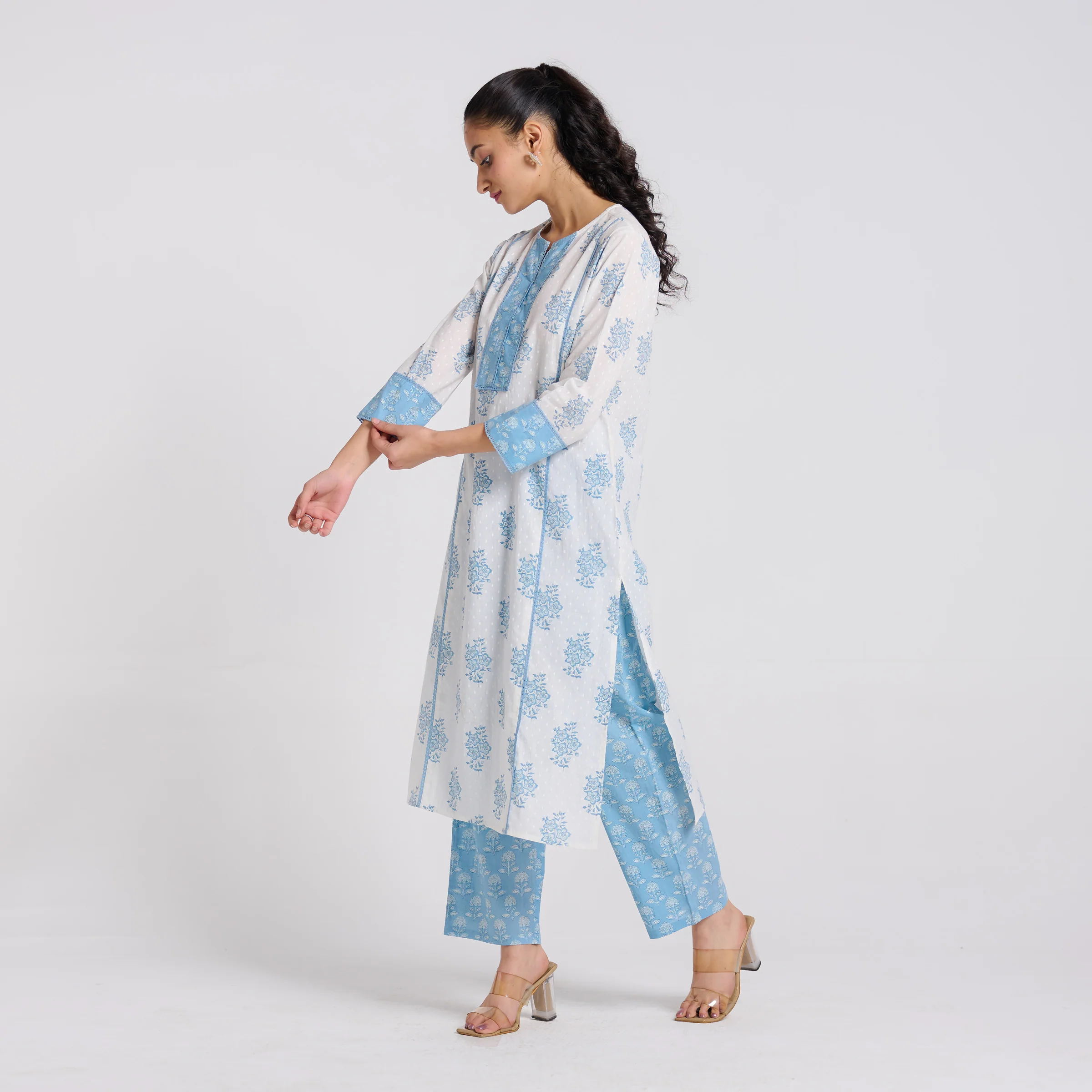 Sky Blue Sanganeri Pure Cotton Kurta Pant Set with Lace Detail - Image 4