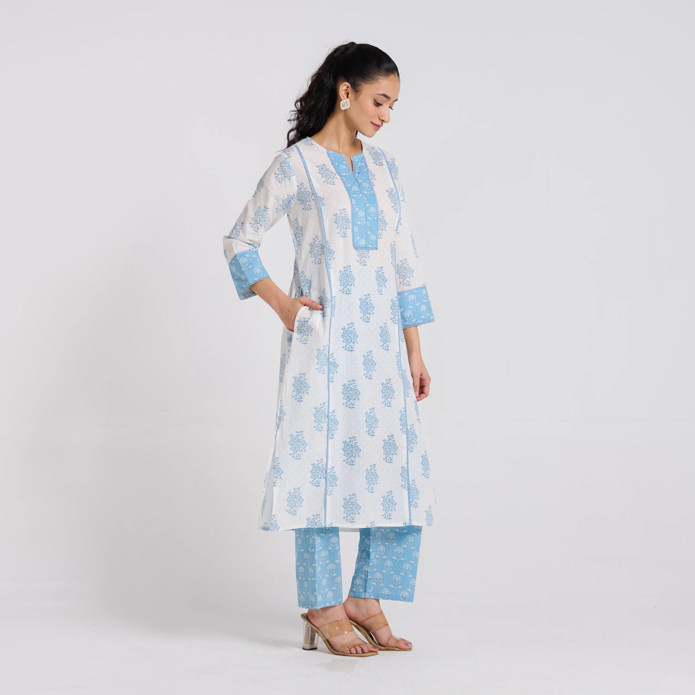 Sky Blue Sanganeri Pure Cotton Kurta Pant Set with Lace Detail - Image 5