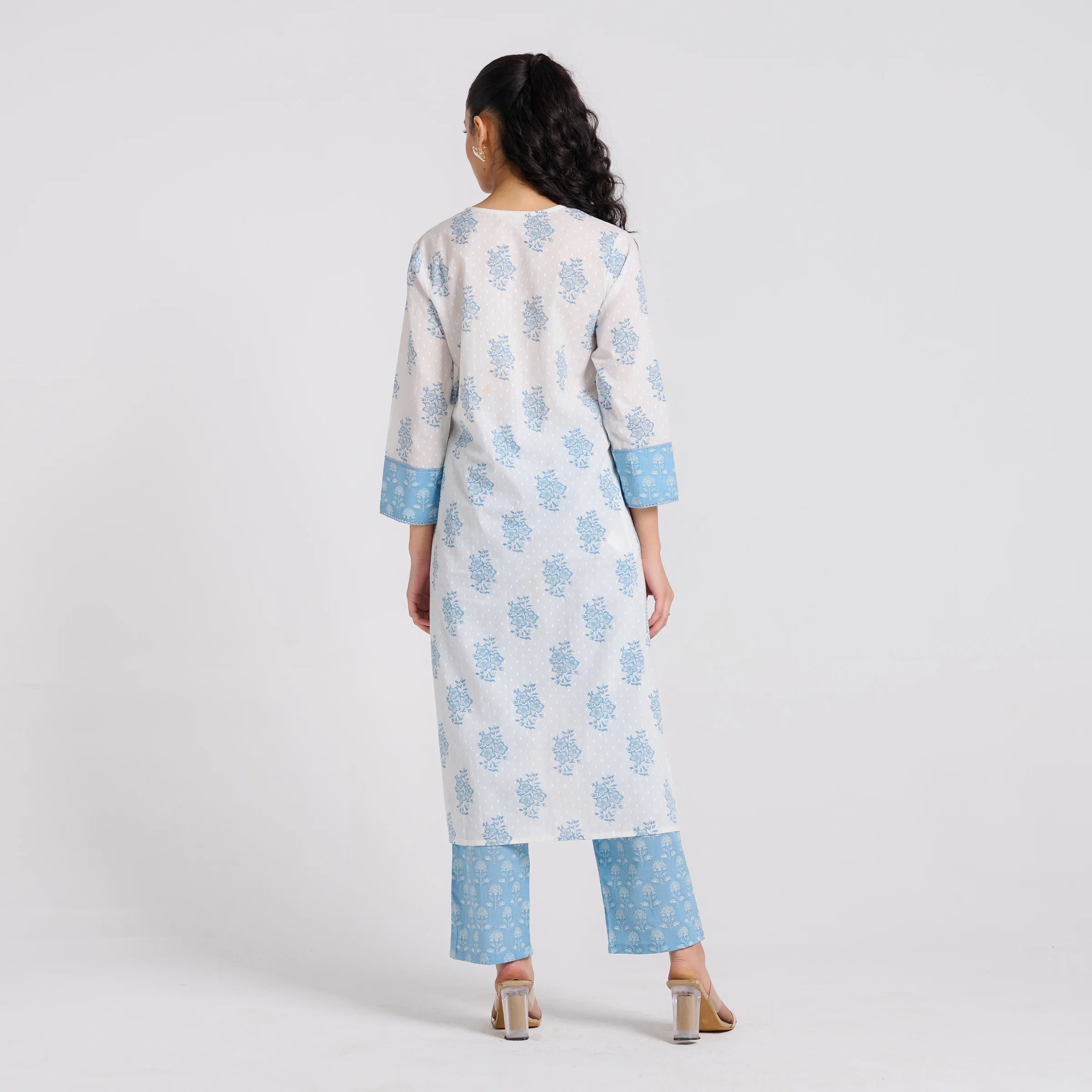 Sky Blue Sanganeri Pure Cotton Kurta Pant Set with Lace Detail - Image 6