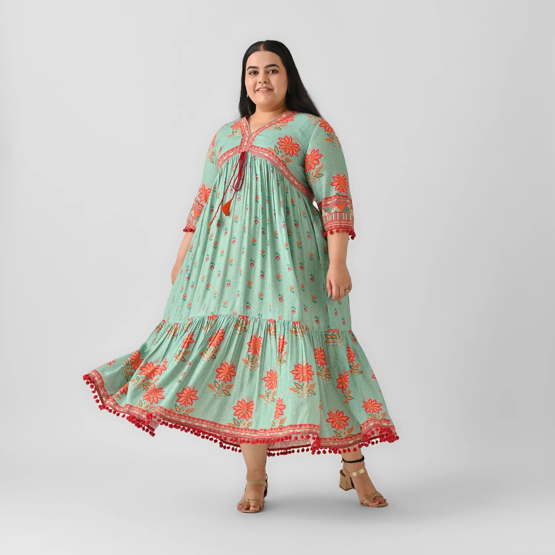 Sky Blue V Neck Tiered Dress with Pompom Detailing - SOM - Image 3