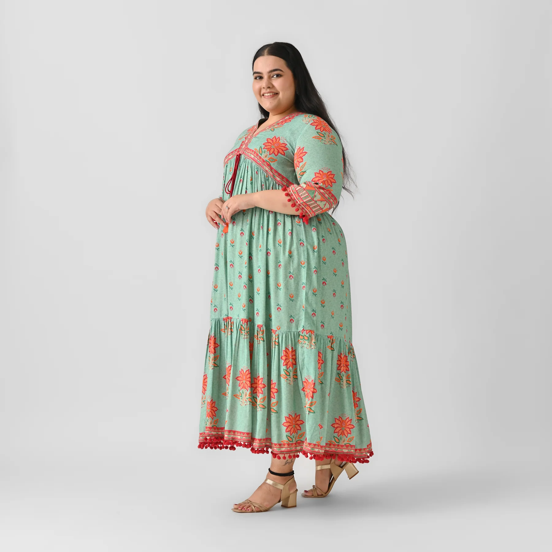 Sky Blue V Neck Tiered Dress with Pompom Detailing - SOM - Image 6