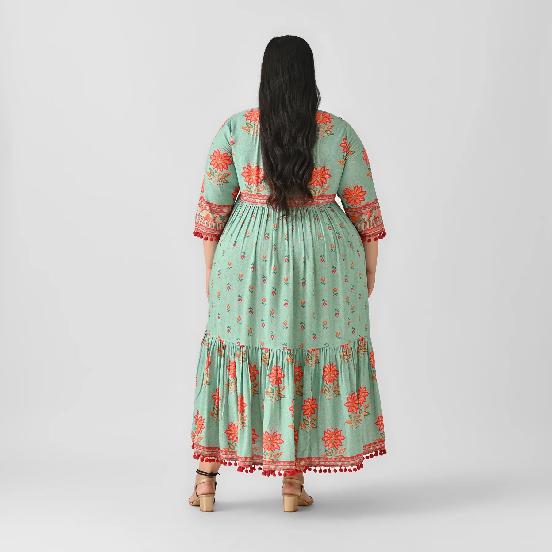 Sky Blue V Neck Tiered Dress with Pompom Detailing - SOM - Image 7