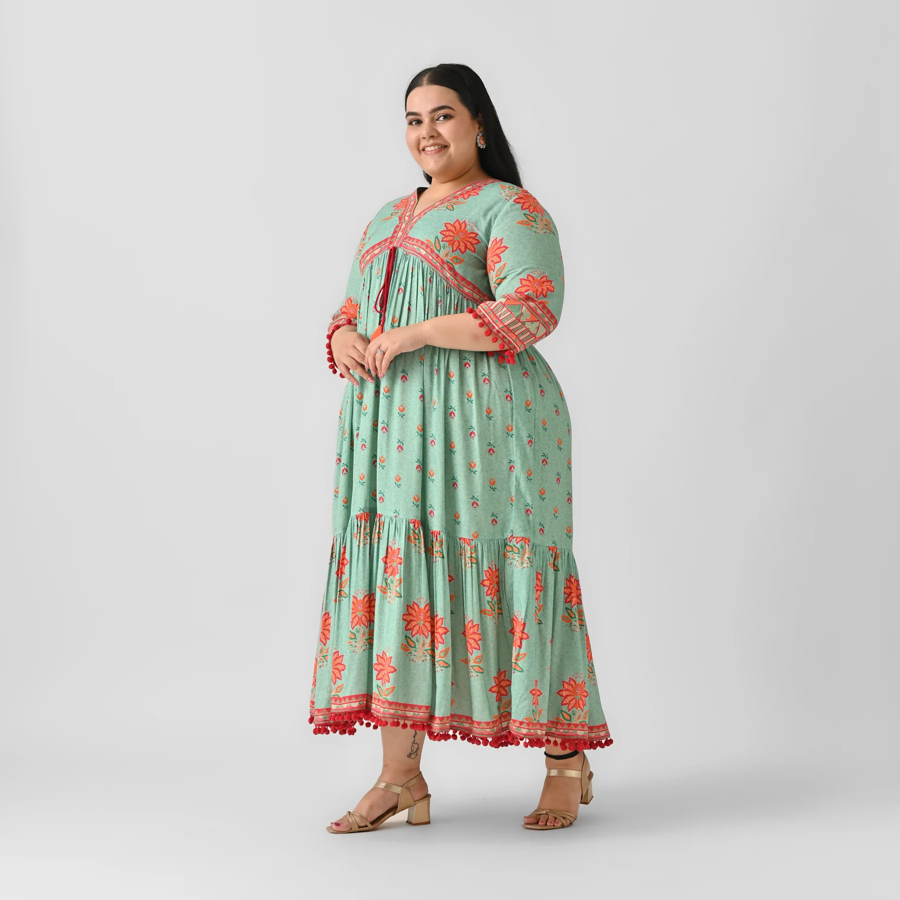 Sky Blue V Neck Tiered Dress with Pompom Detailing - SOM - Image 8