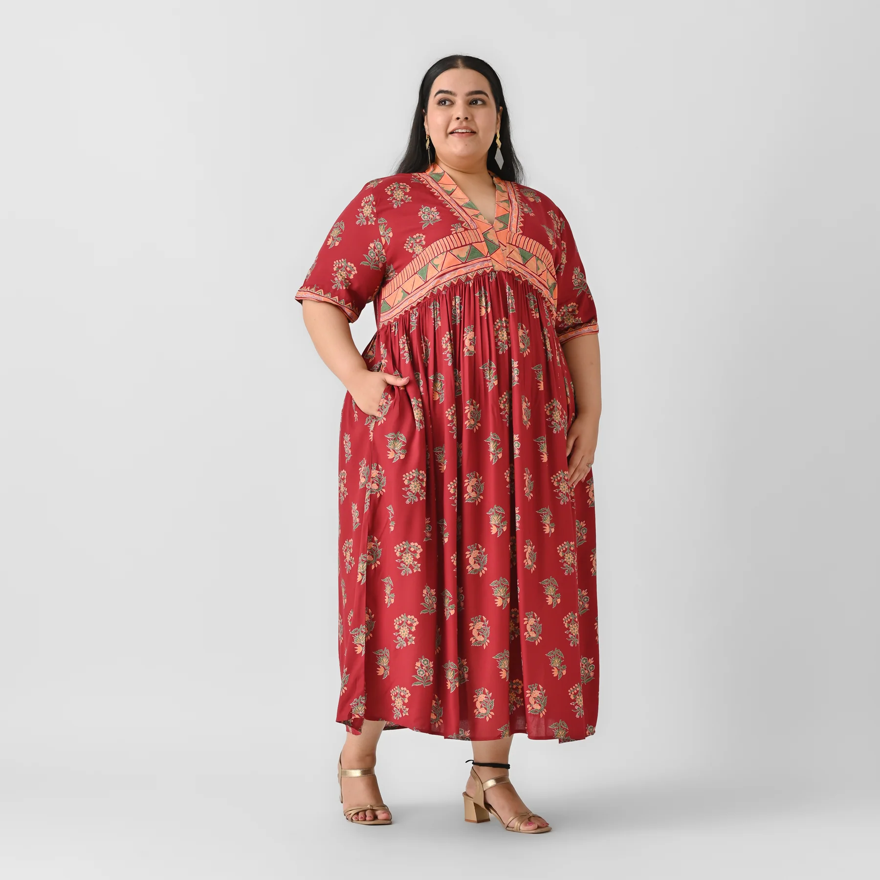 Slash Maroon V Neck Gathered Dress - SOM - Image 3