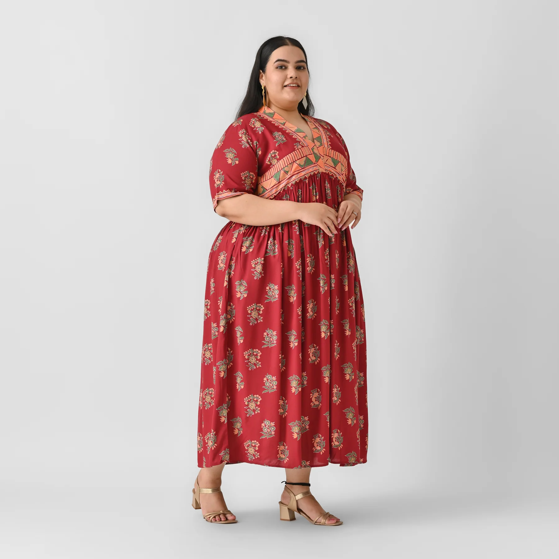 Slash Maroon V Neck Gathered Dress - SOM - Image 4