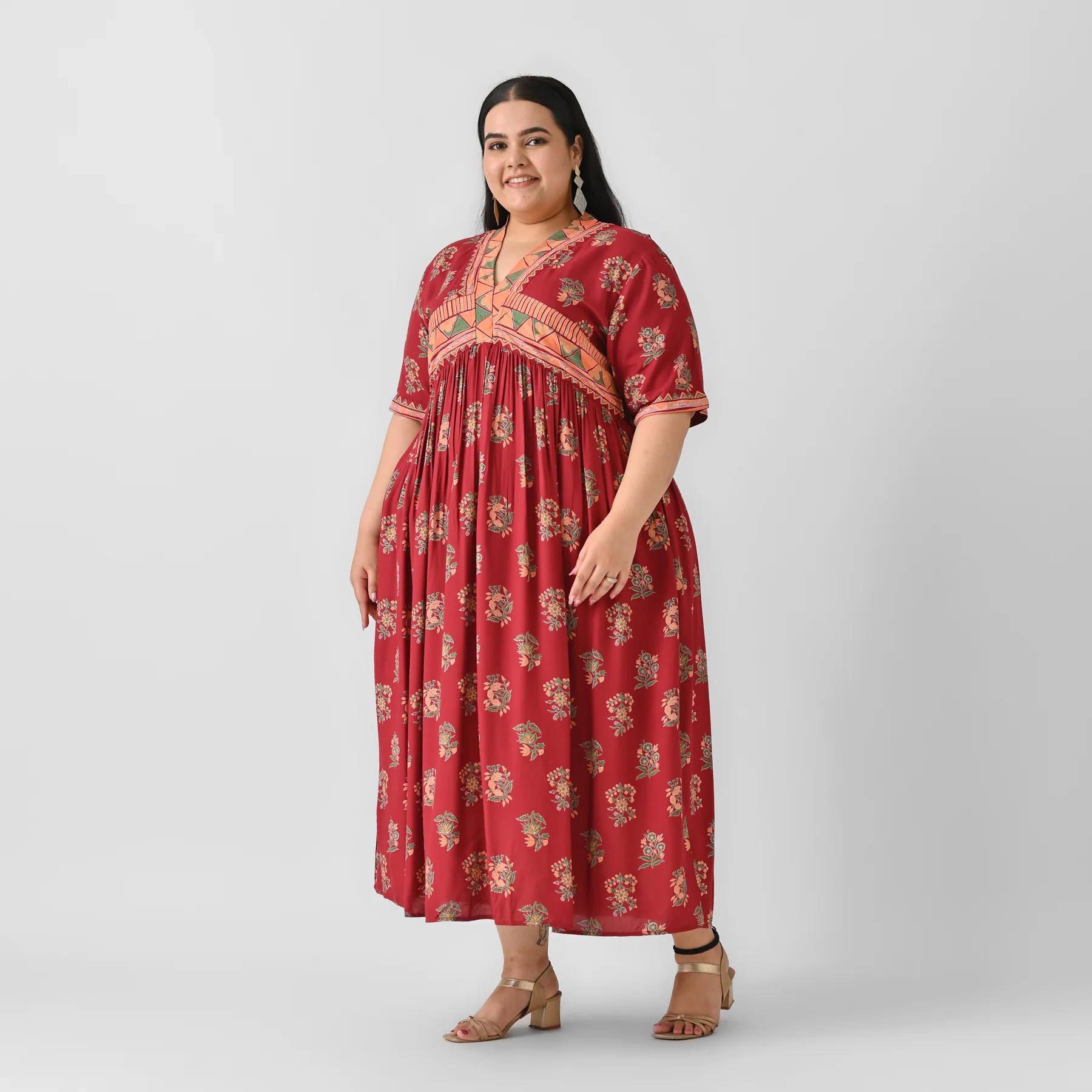 Slash Maroon V Neck Gathered Dress - SOM - Image 5