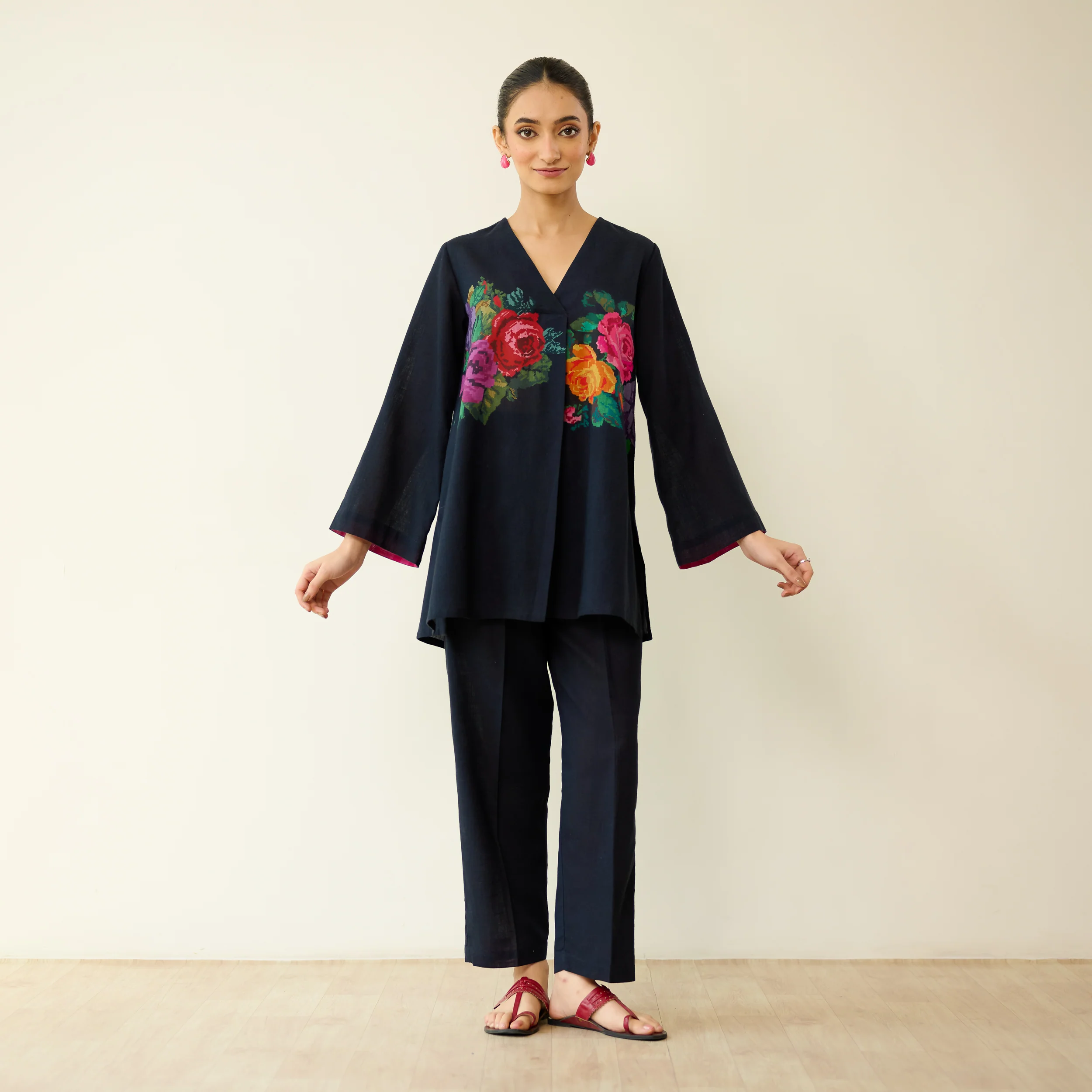 Stitch Rose Pure Slub Cotton Co-ord Set - Black