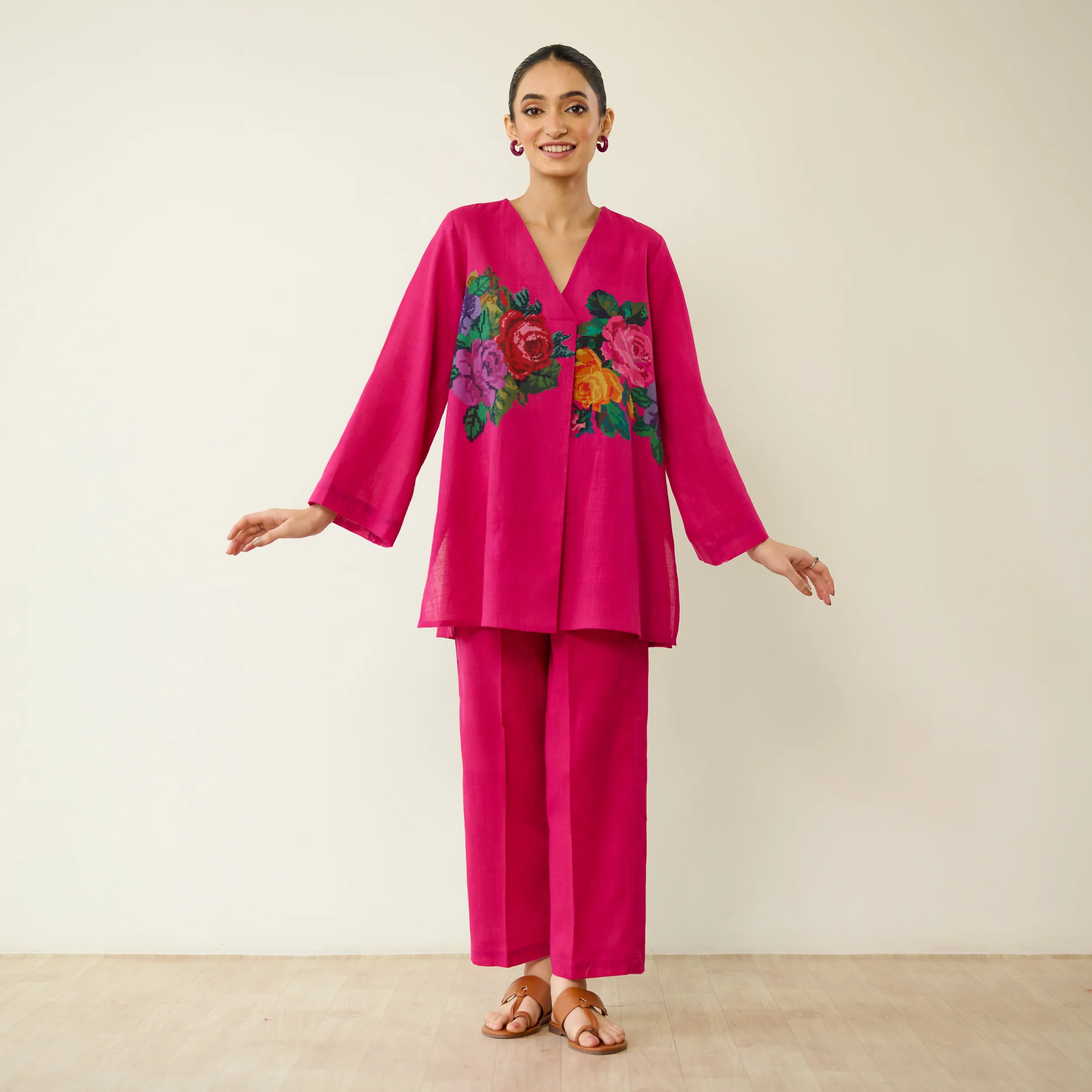 Stitch Rose Pure Slub Cotton Co-ord Set - Fuschia - Image 3