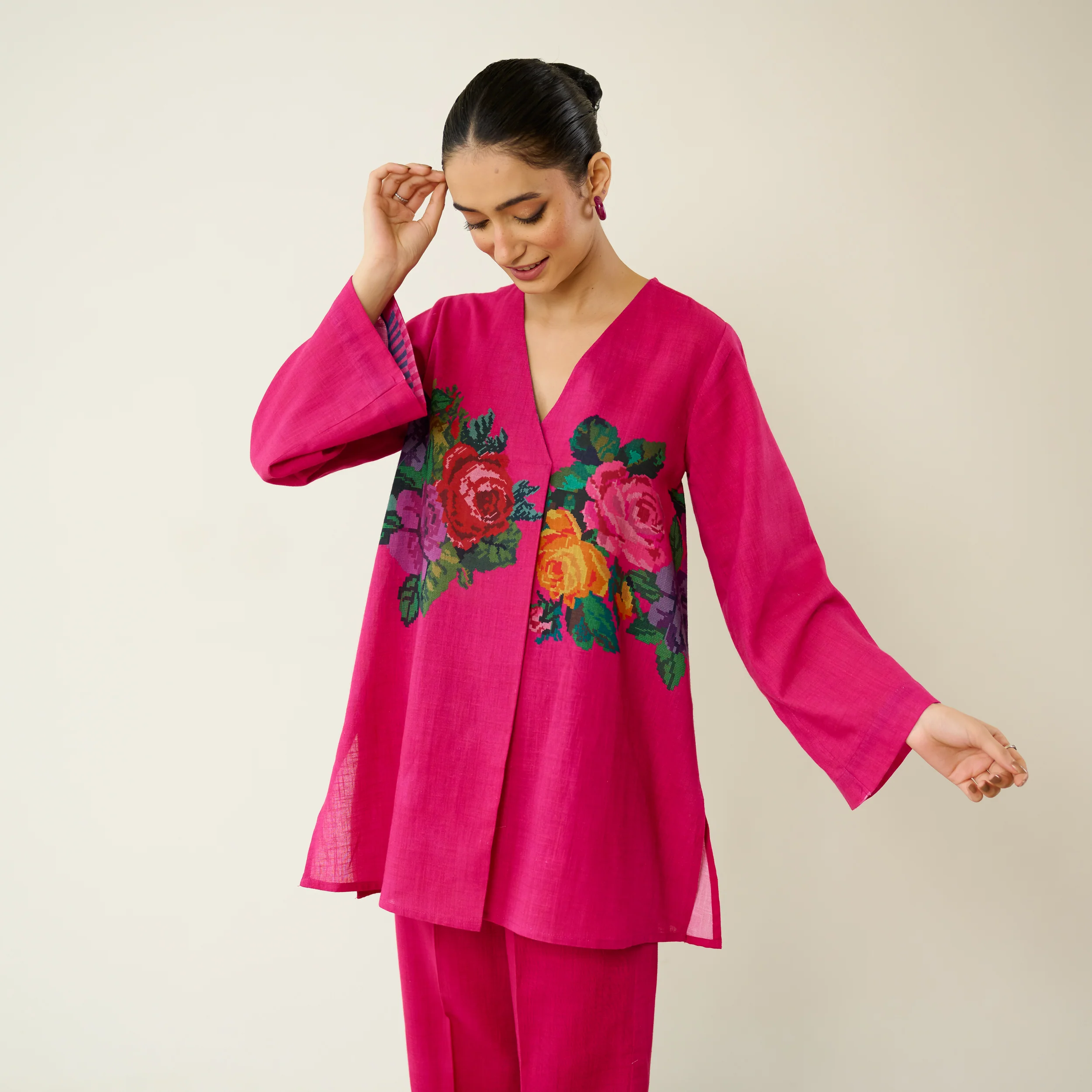Stitch Rose Pure Slub Cotton Co-ord Set - Fuschia - Image 4