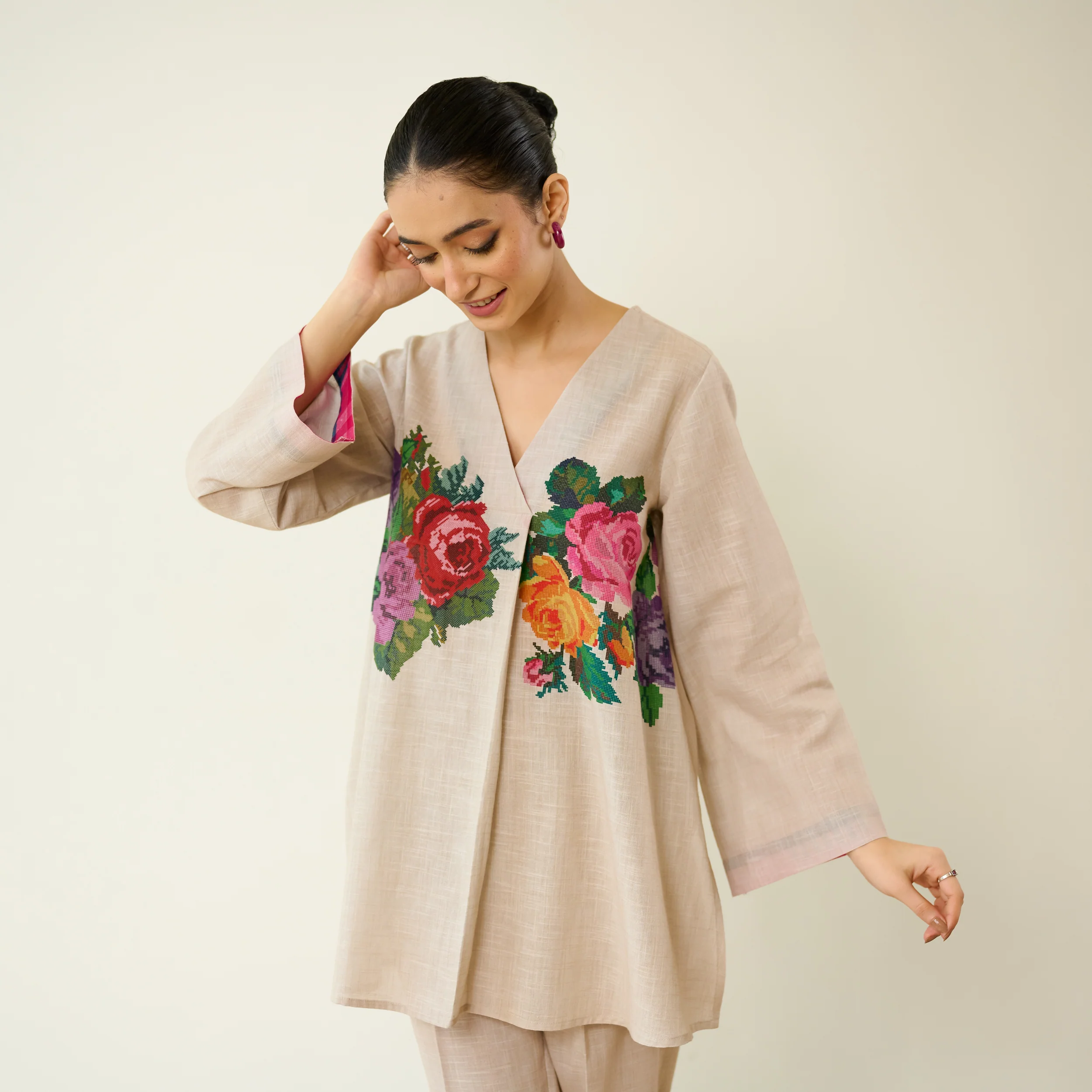 Stitch Rose Pure Slub Cotton Co-ord Set - Off White - Image 3