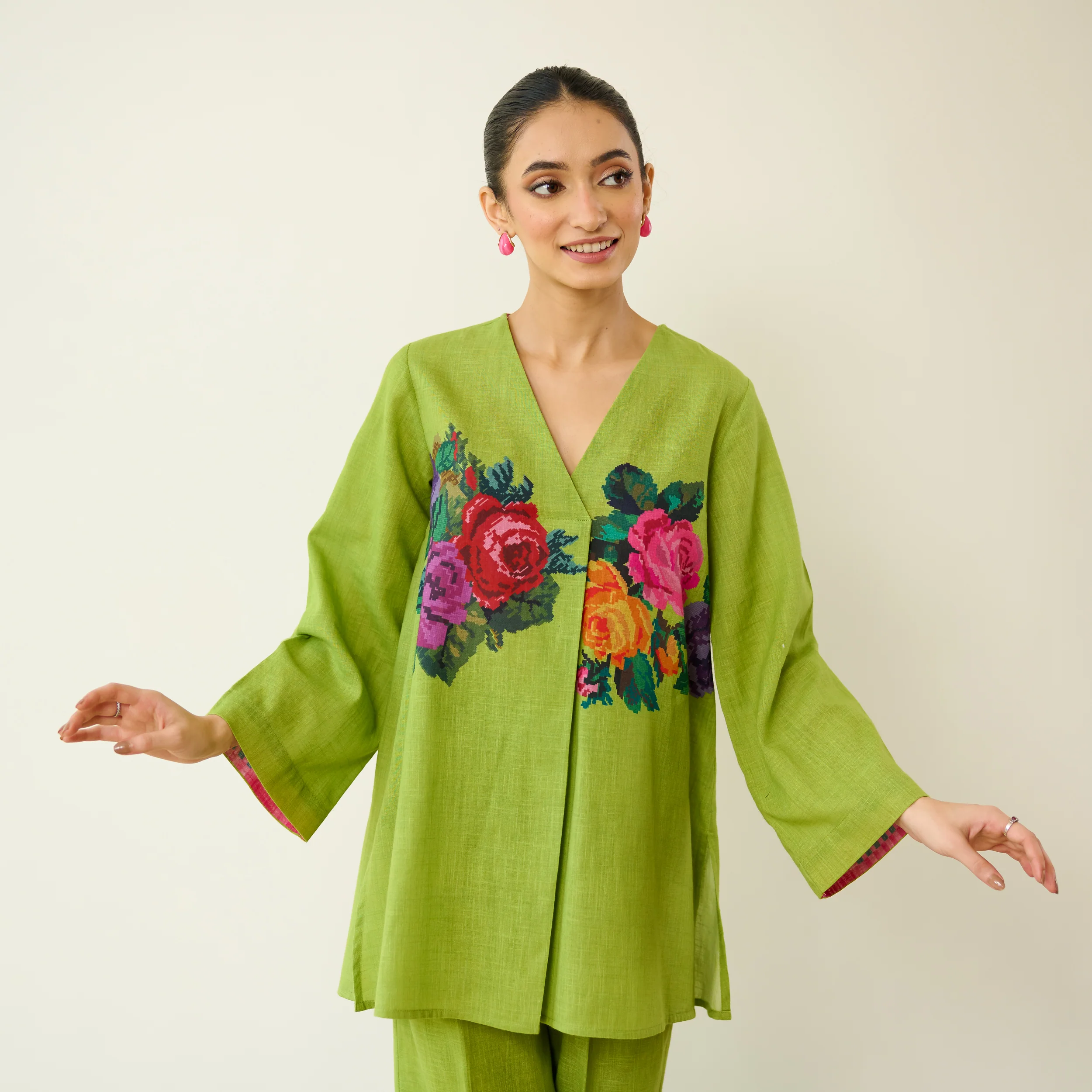 Stitch Rose Pure Slub Cotton Co-ord Set - Olive - Image 4