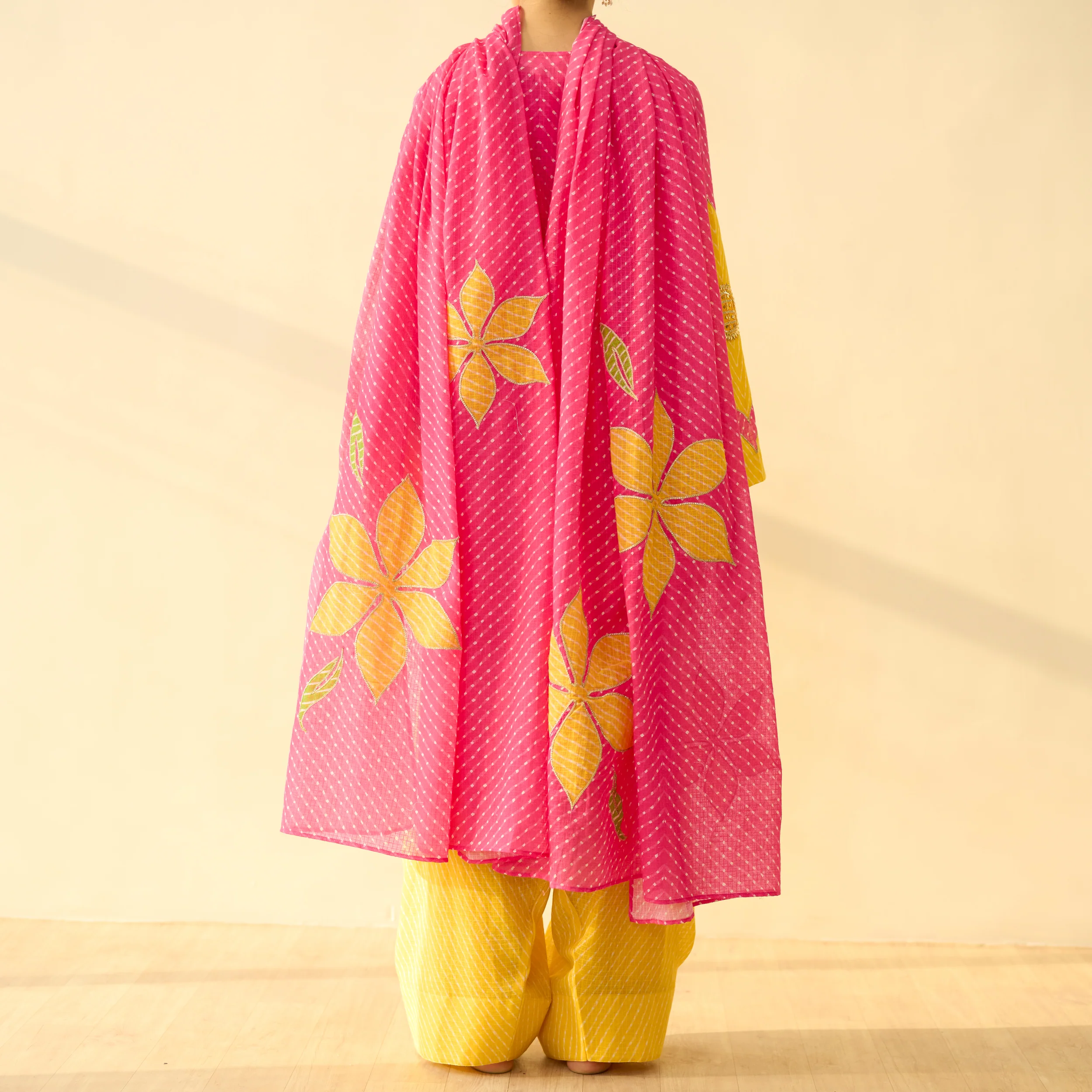 Sundari Kota Doria Cotton Farshi Set with Dupatta - Gulal Pink & Haldi Yellow - Image 2
