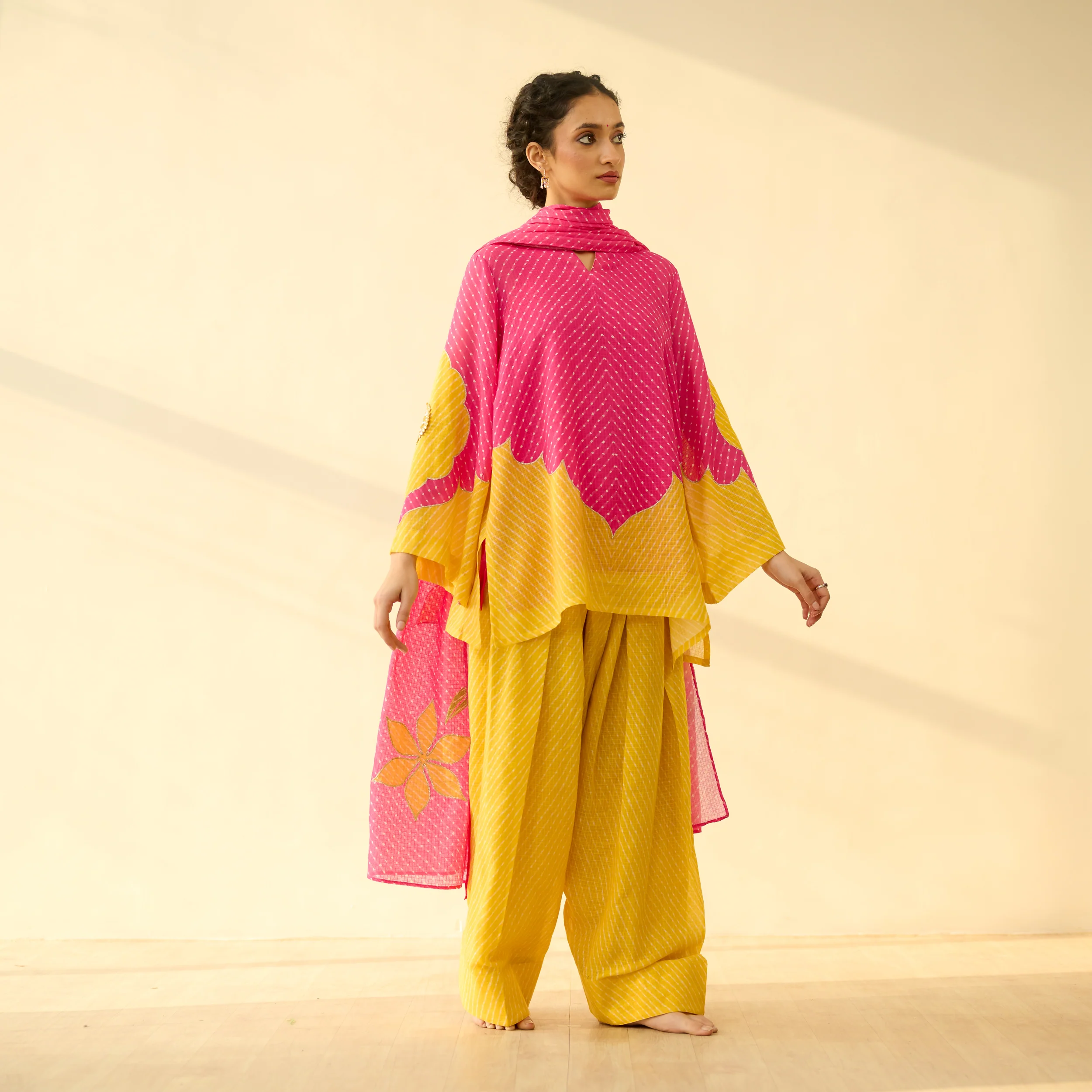 Sundari Kota Doria Cotton Farshi Set with Dupatta - Gulal Pink & Haldi Yellow - Image 5