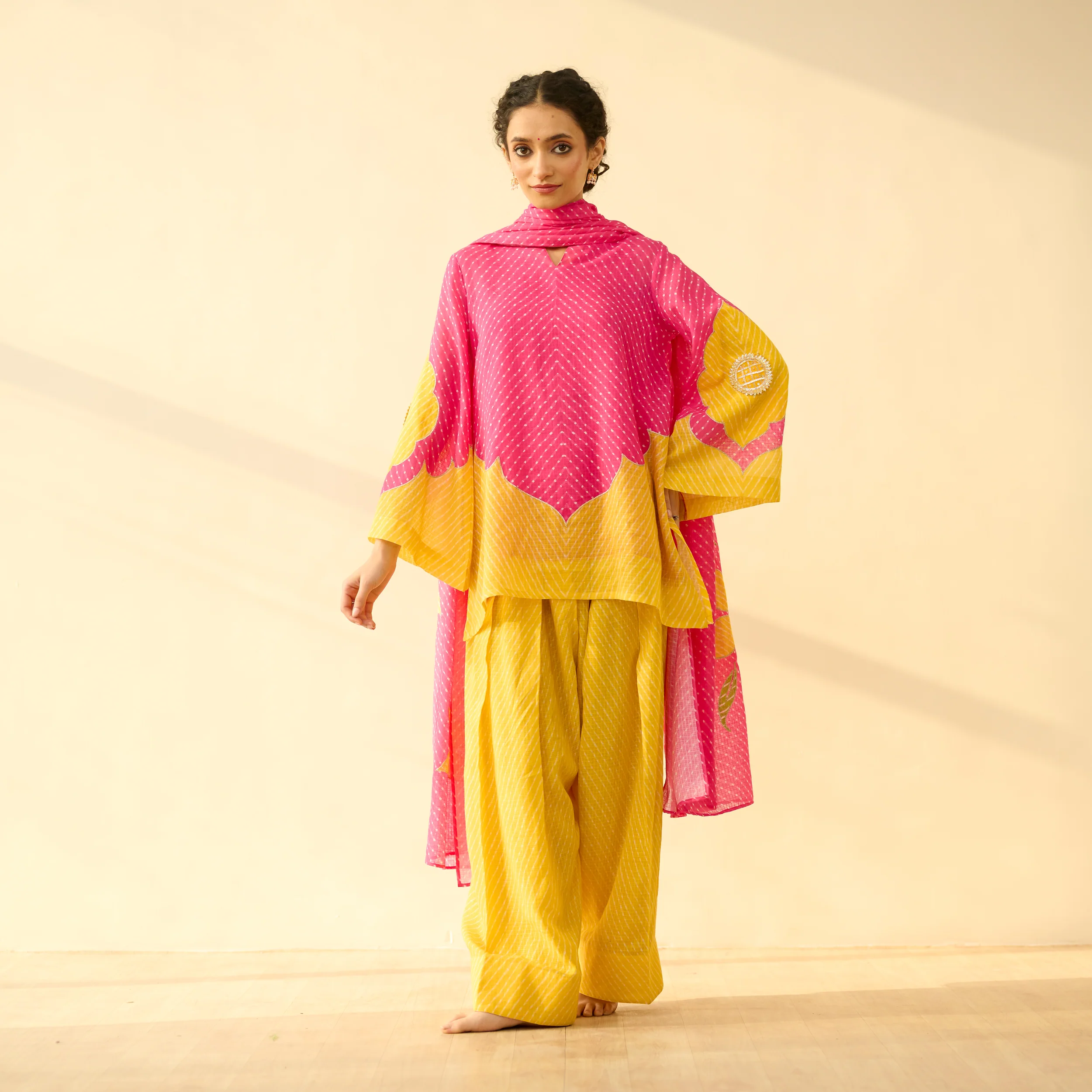 Sundari Kota Doria Cotton Farshi Set with Dupatta - Gulal Pink & Haldi Yellow - Image 6